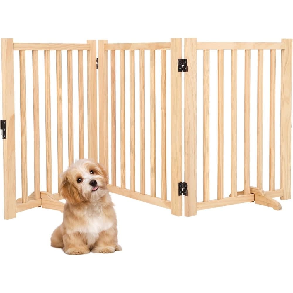 Qeetex Paint-Free Wooden Freestanding Dog Gates Wooden Indoor Dog Fence Collapsible Wood Pet Gates for The House Doorways Stairs Step Over Fence -3 Panel H 36in