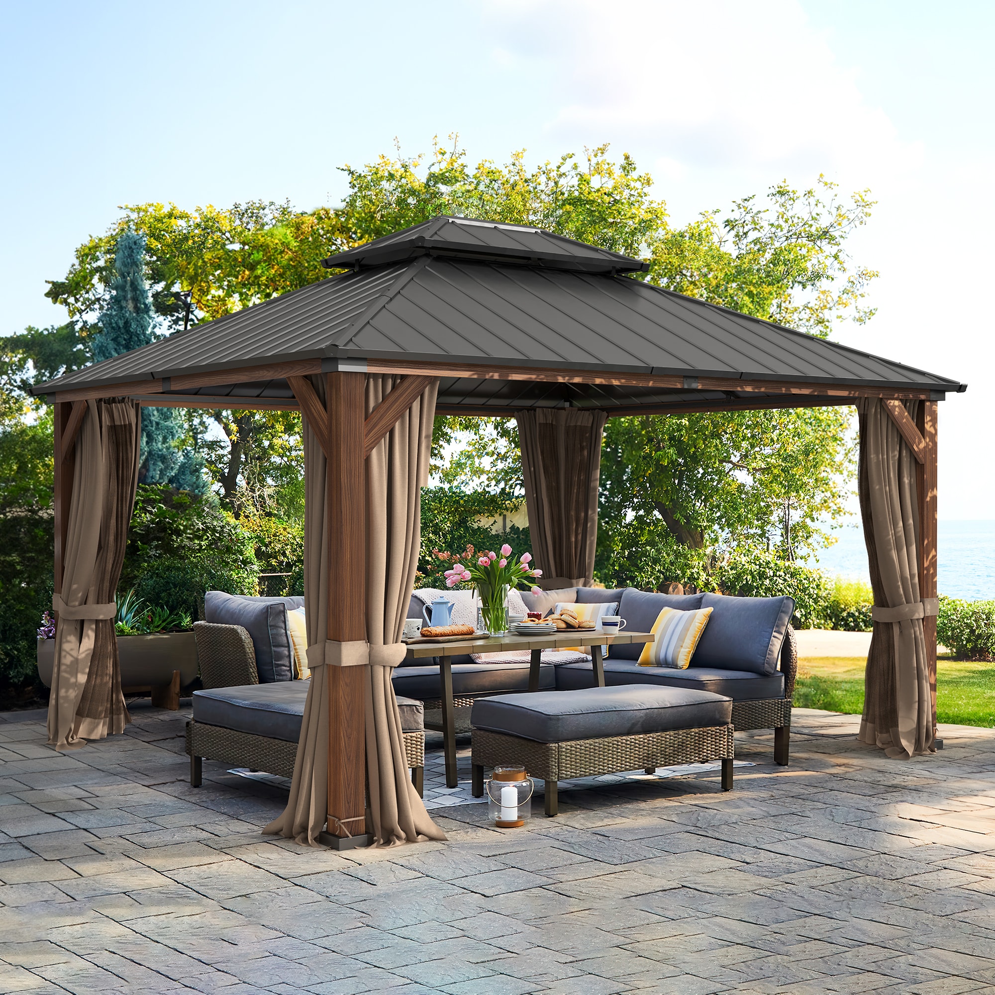 LUE BONA TL-002-1LS 14-ft x 12-ft Brown Rectangle Semi-permanent Gazebo with Hardtop Steel Roof (Screen Included)