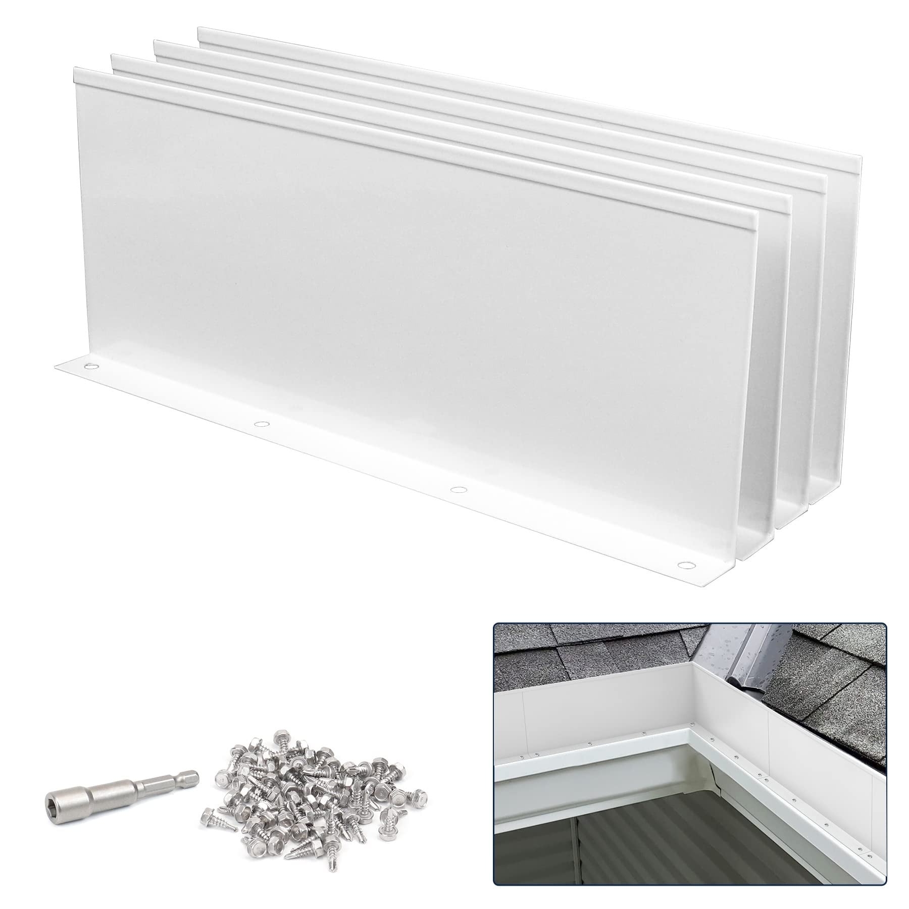 Phyfalip  Aluminum Gutter Valley Splash Guard 10 Inch x 4 Inch White Prevents Rainwater Overflow Easy Install for Corner or Straight 4 pcs