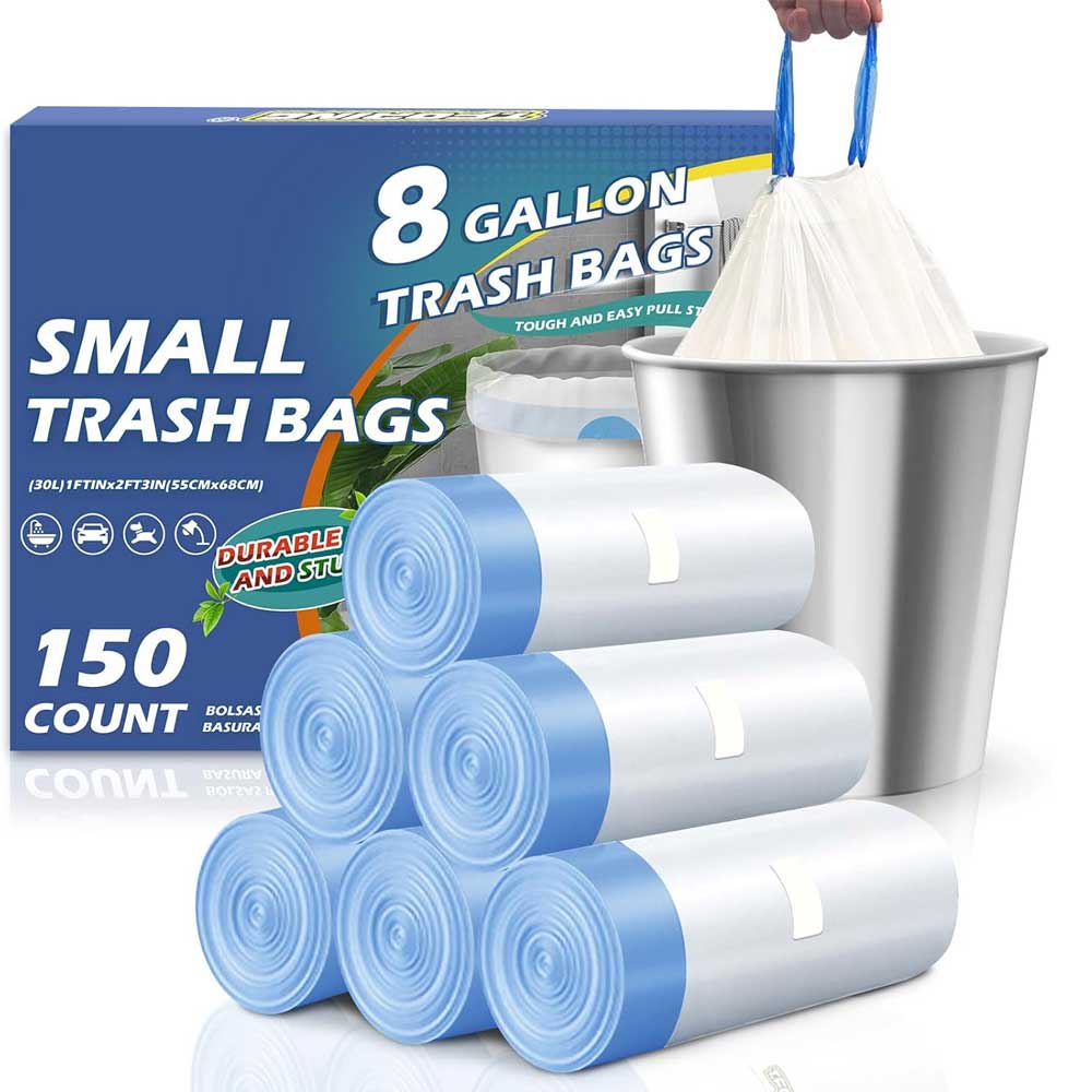 Aoibox  150 Count 8 Gallon Trash Bags Drawstring Heavy Duty Medium Garbage Bags Unscented 30 Liter Thick Plastic Trash Can Liners for Home Kitchen Bathroom