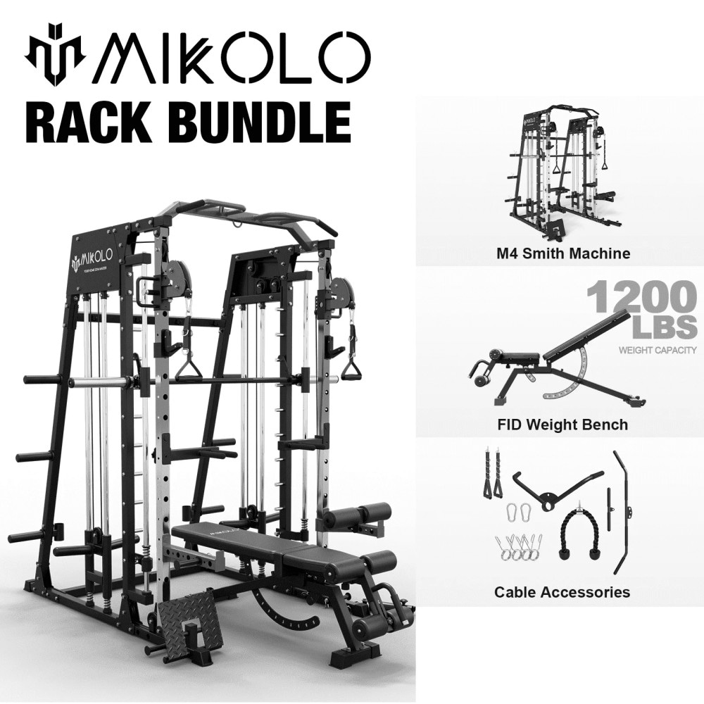 Mikolo M-M4-B-B Smith Machine with Aluminum Pulley- 2200 lbs Power Rack Cage with Cable Crossover- Weight Bar- 360° Landmine- Barbell Holders and Other Attachments- Total Body Strength Training Cage
