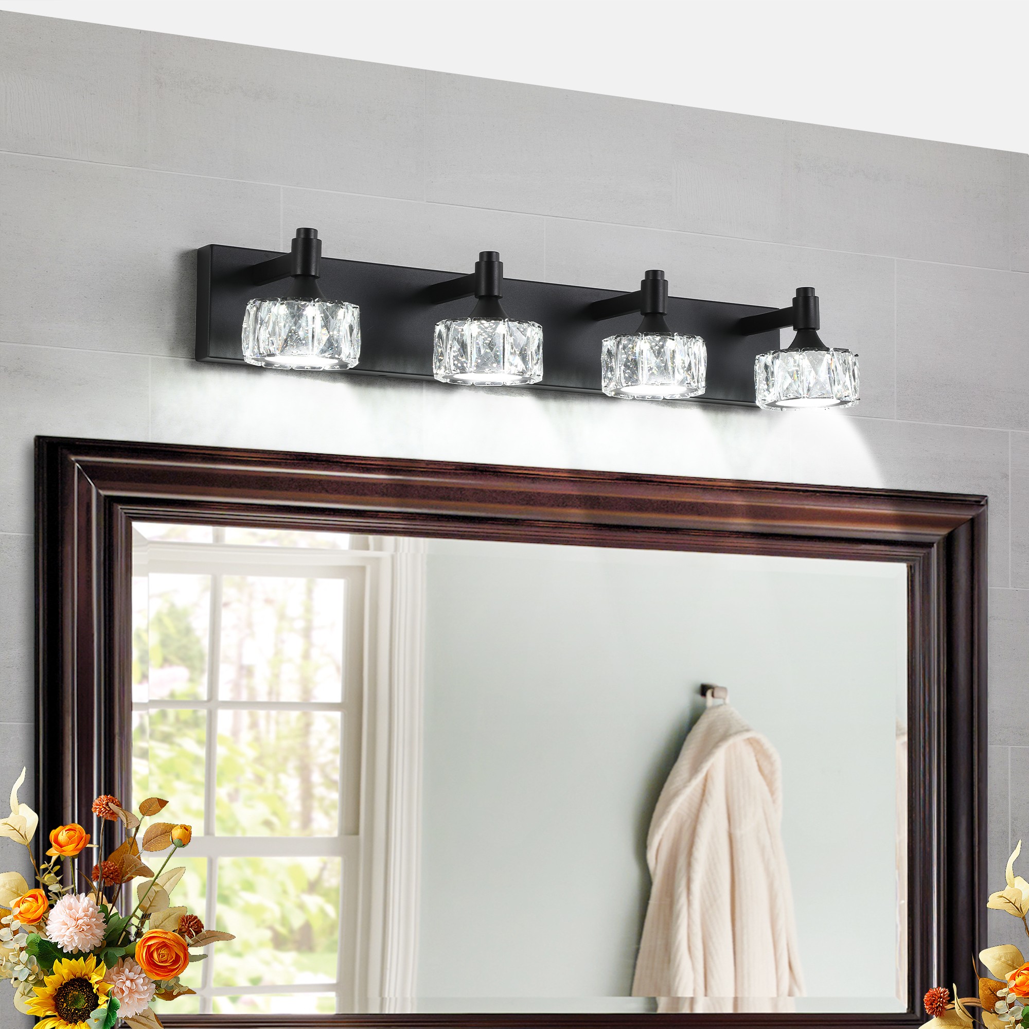 Cuschoice 28 in. 4-Light Matte Black LED Vanity Light Bar with Crystal Glass Shades for Bathroom Dimmable Wall Sconce