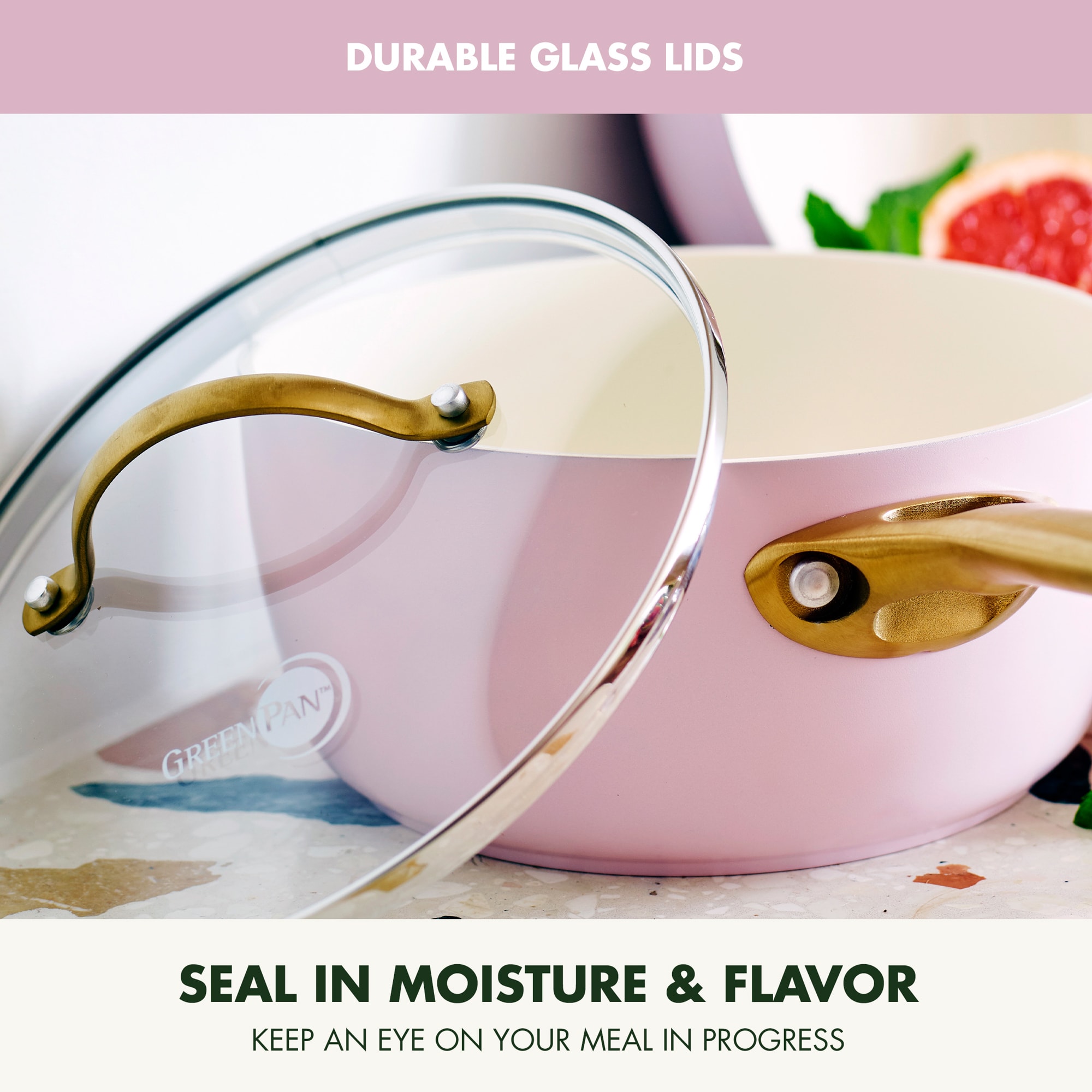 Blush Pink Ceramic Nonstick 10-Piece Cookware Set with Gold Handles