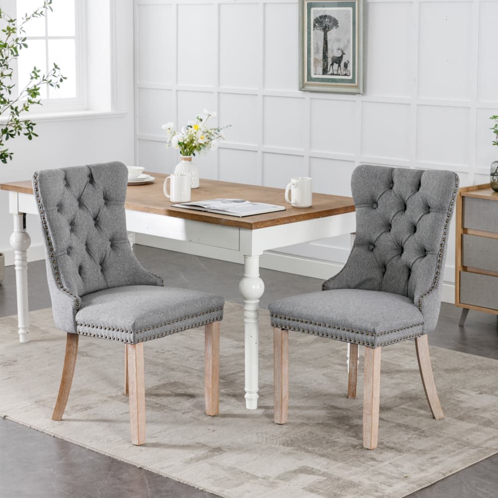 Maison Boucle MILA-CHAIR-GRAY Set of 2 Gray Tufted Solid Wood Dining Chair Flax Upholstered Linen with Nailhead Trim for Kitchen
