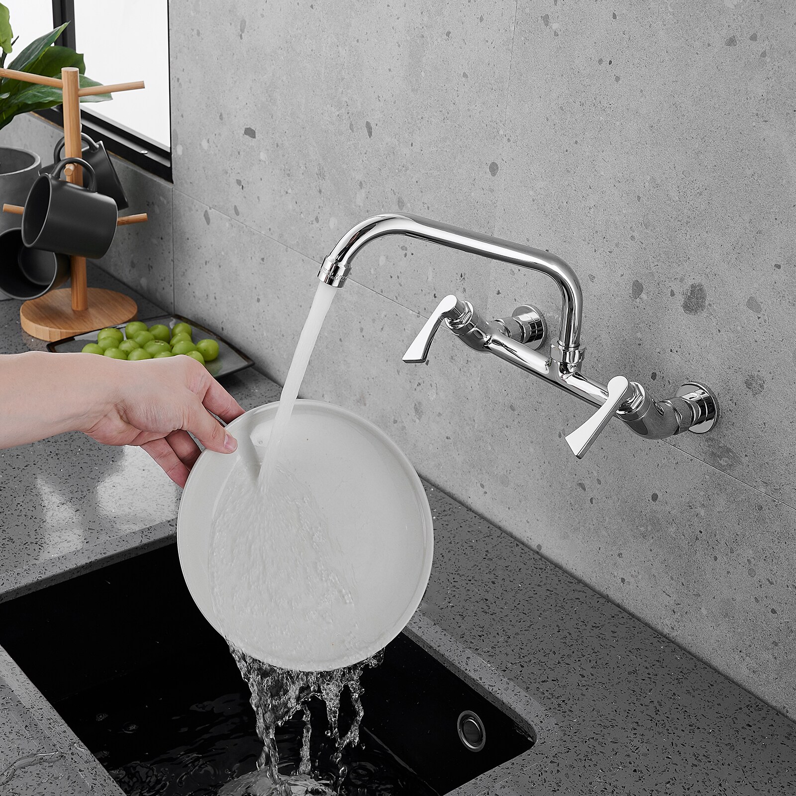 Chrome Double Handle Wall-Mount Kitchen Faucet with Swivel Spout