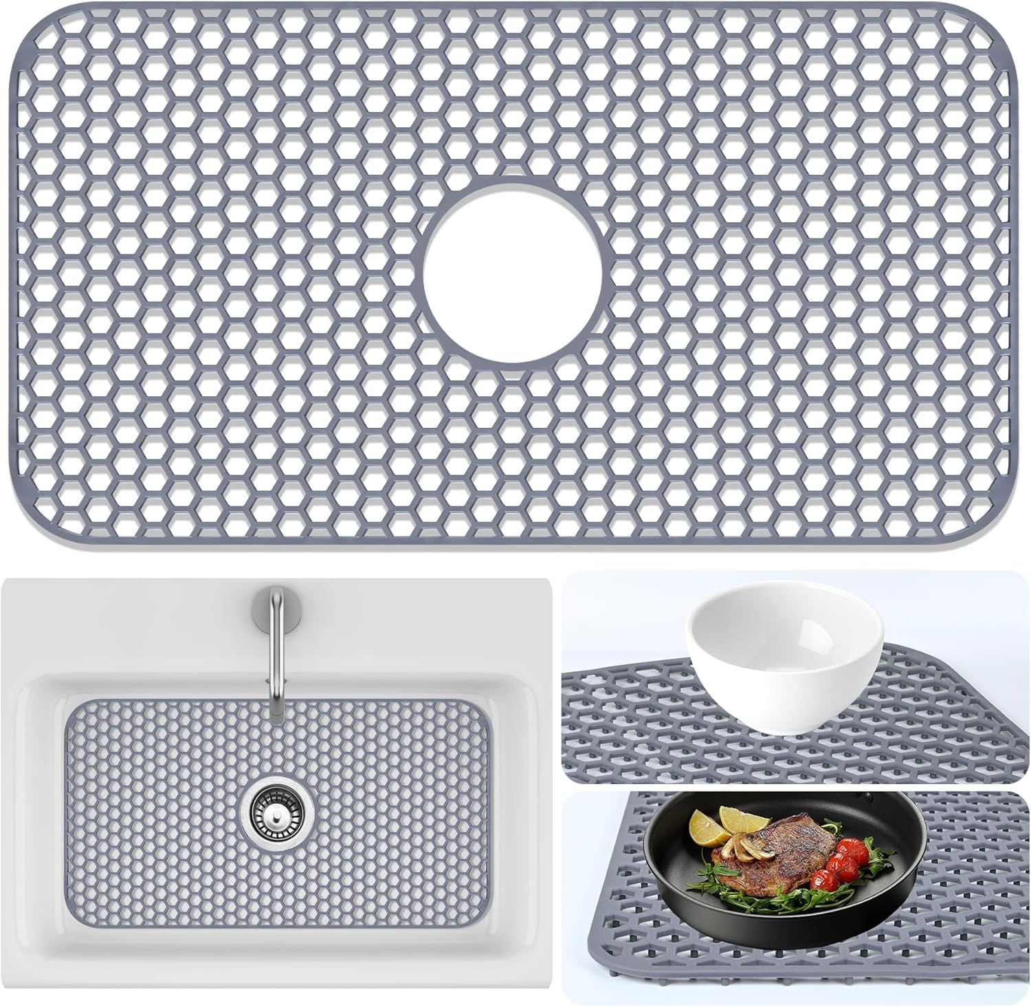 LILILIAN FMY  Sink Protectors Mat 25.79x13.98 Kitchen Sink Pad for Basin Protection with Center Drain Light Gray durable home and garden