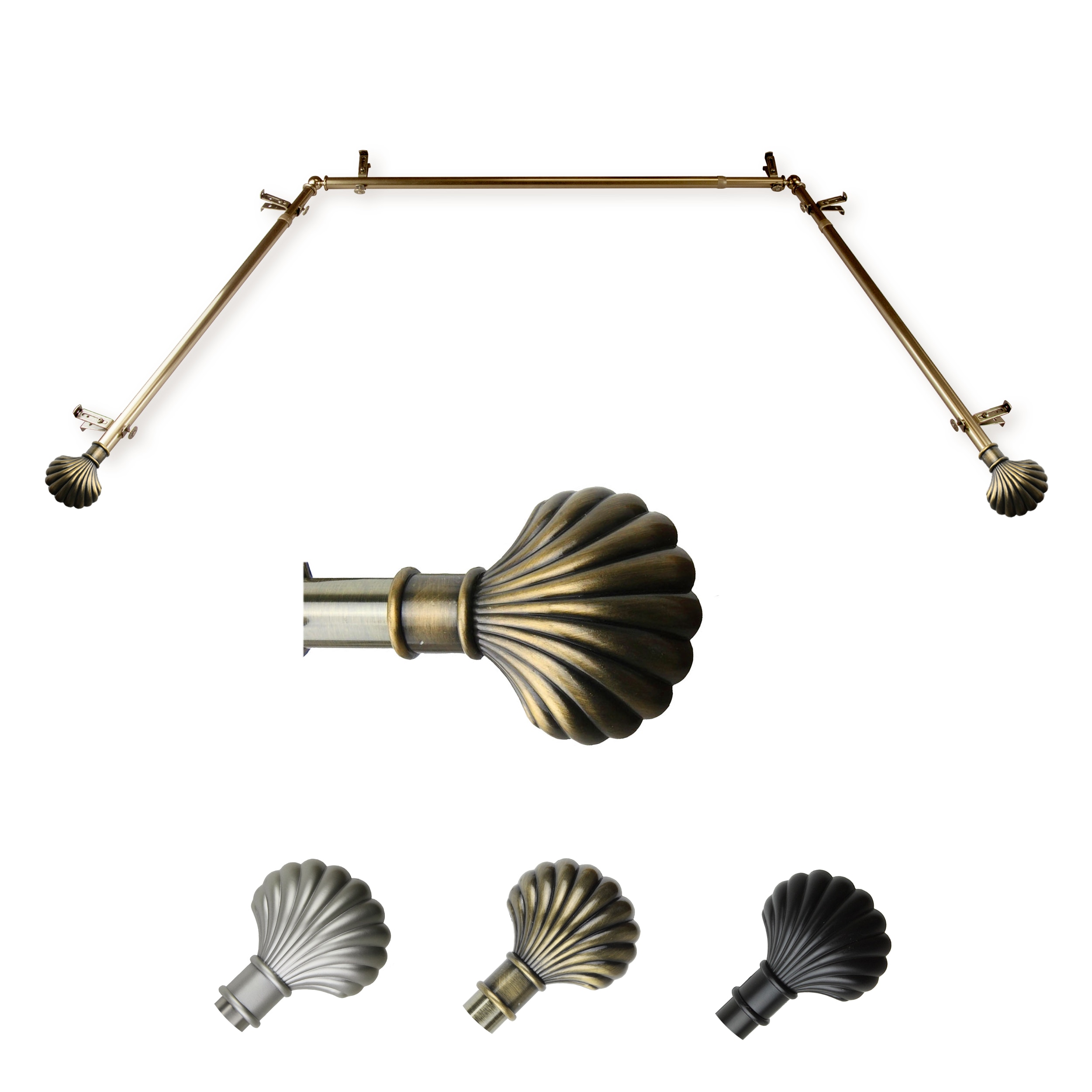 Hart & Harlow L-ABAY-23-4 Shelly 13/16-in Bay Antique brass Steel Bay window curtain rod with Finials
