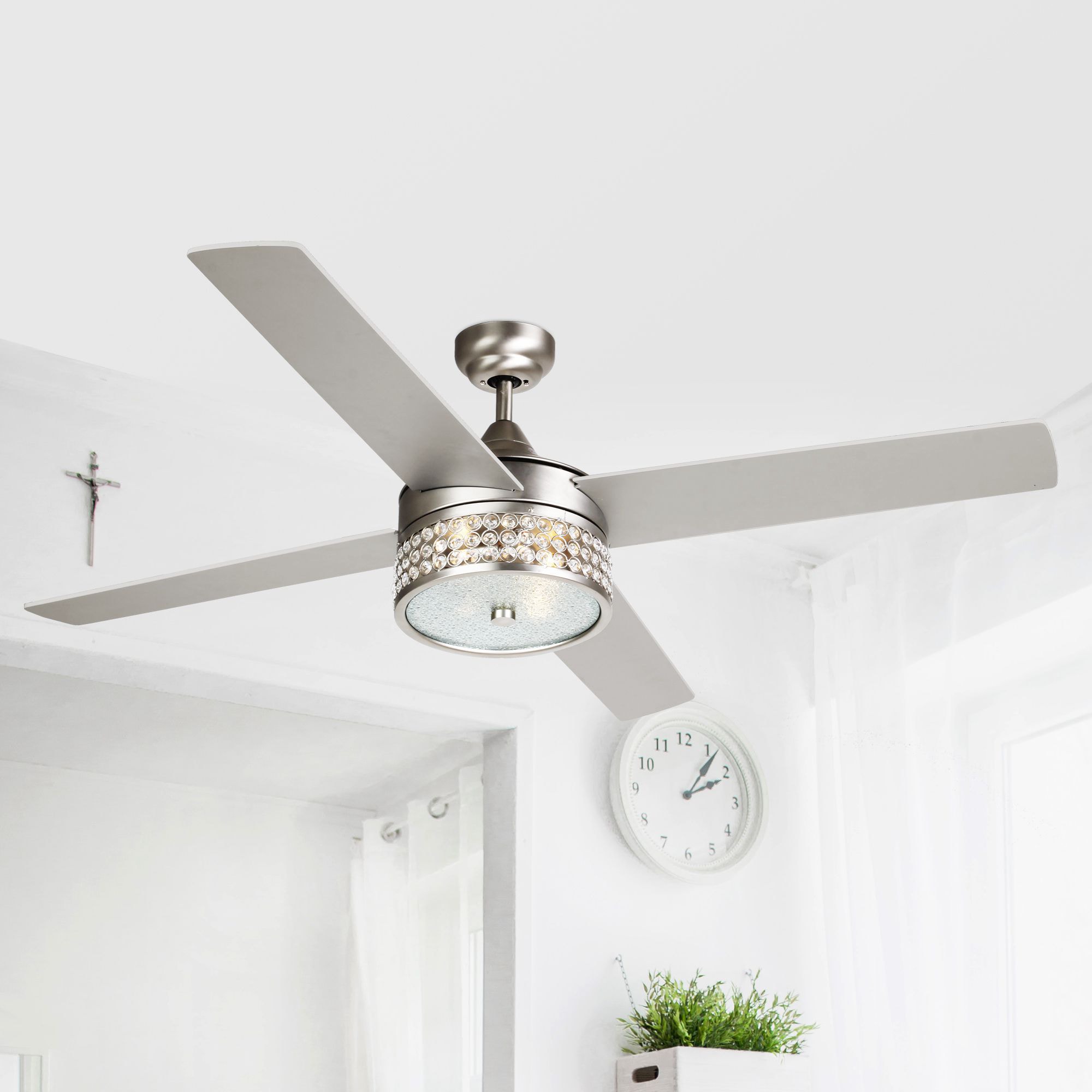 Matrix Decor MDF6209110V 52-in Brushed Nickel with Silver Blades Ceiling Fan With Light - Remote Included ( 4 -Blade )