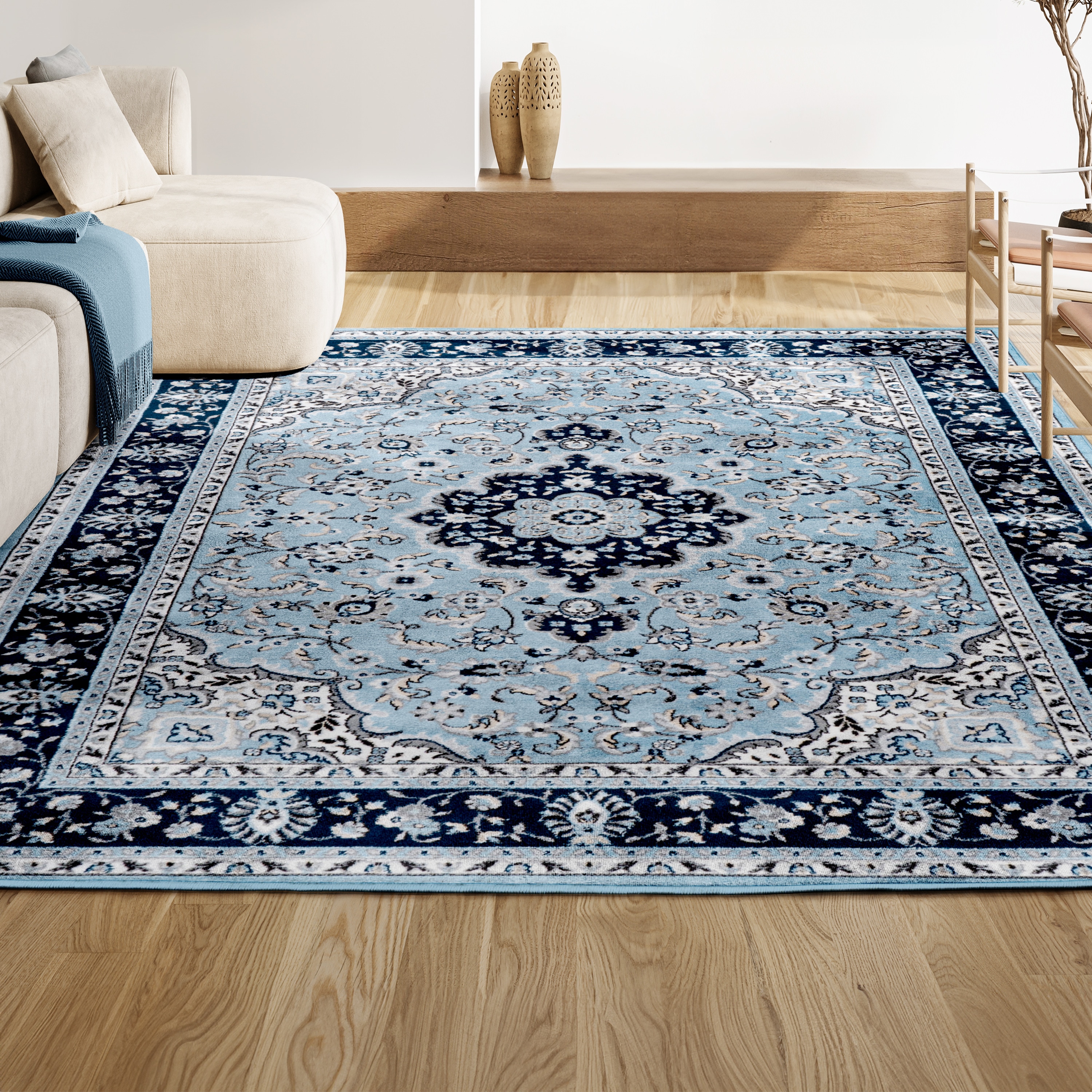 Reversible Blue/Navy Synthetic Rectangular Area Rug