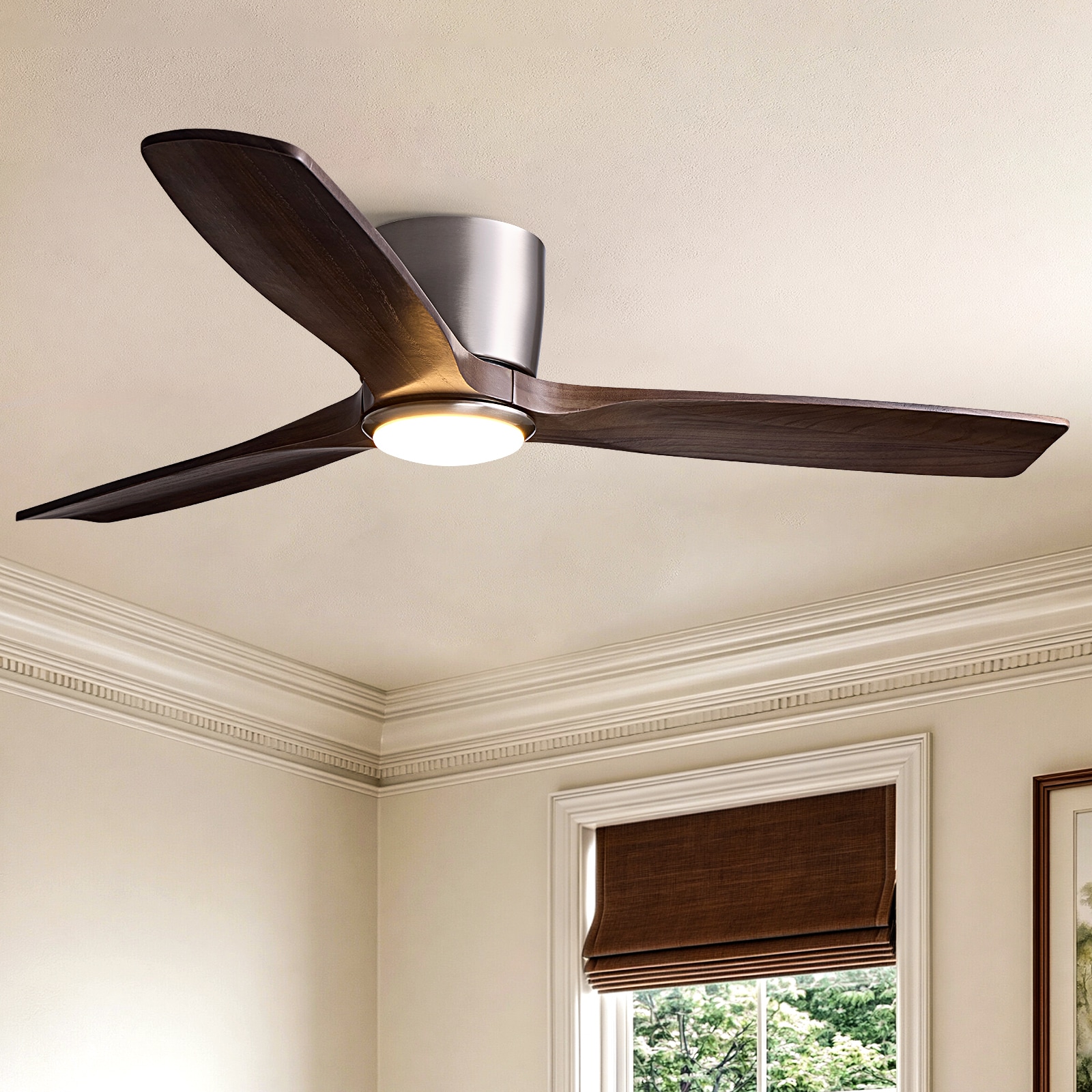 LuminFan 52-In Modern Craftsman Ceiling Fan with Light Walnut Wood Blades Brushed Nickel Finish 3 Blade DC Motor Remote APP Control