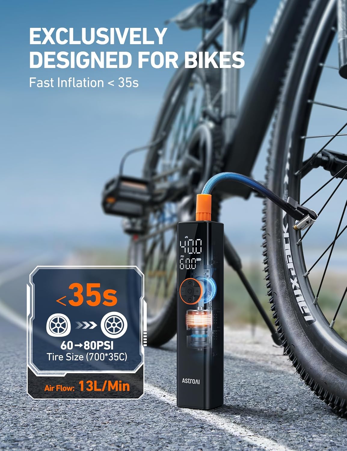 AstroAI Electric Bike Pump 150PSI Portable Rechargeable Air Pump with high-voltage Motor fits All Bike valves one_size | ACACL8BK-US