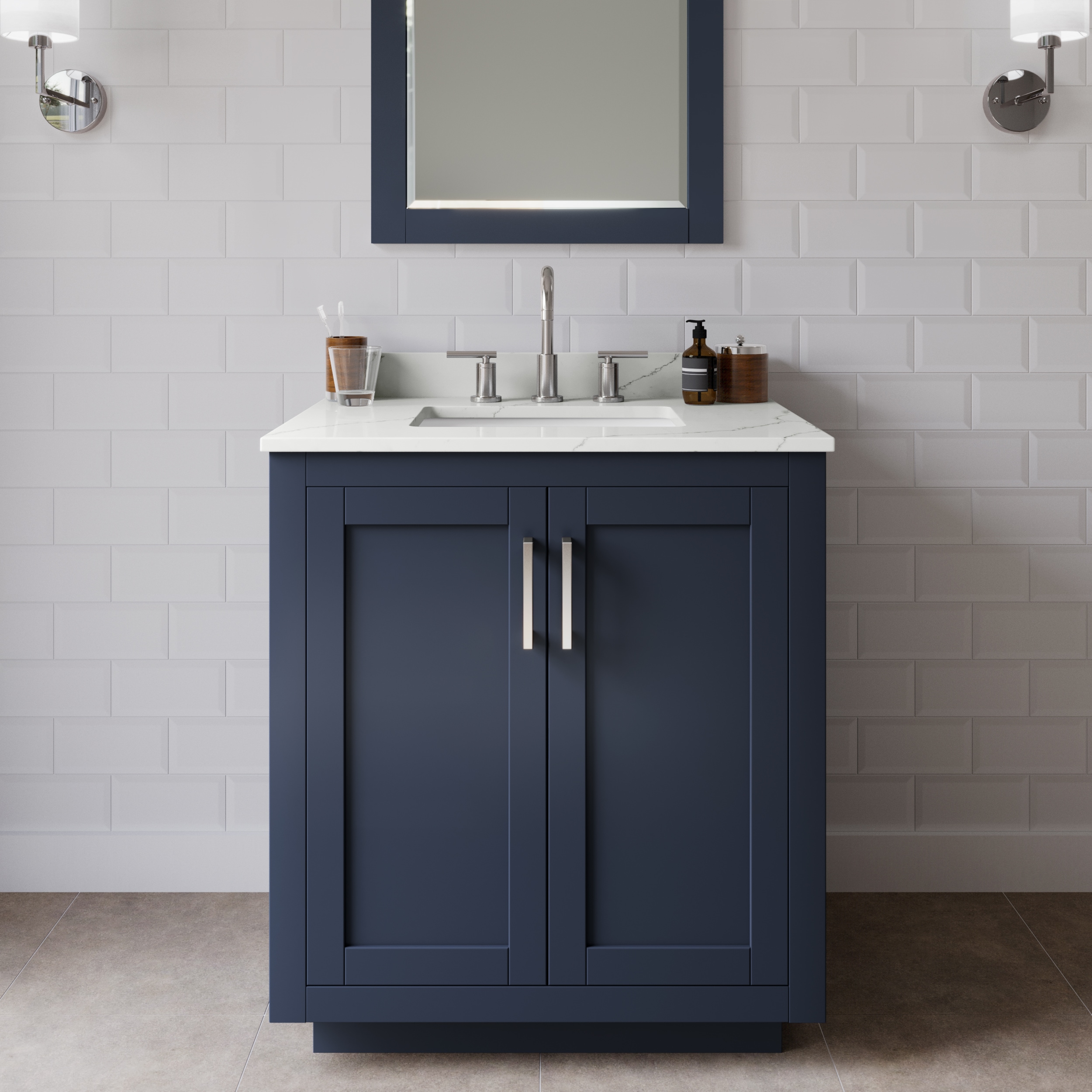 Wyndham Collection WCF292930SBNGTUS3M24 Miranda 30-in Dark Blue Undermount Single Sink Bathroom Vanity with Giotto Quartz Top (Mirror Included)