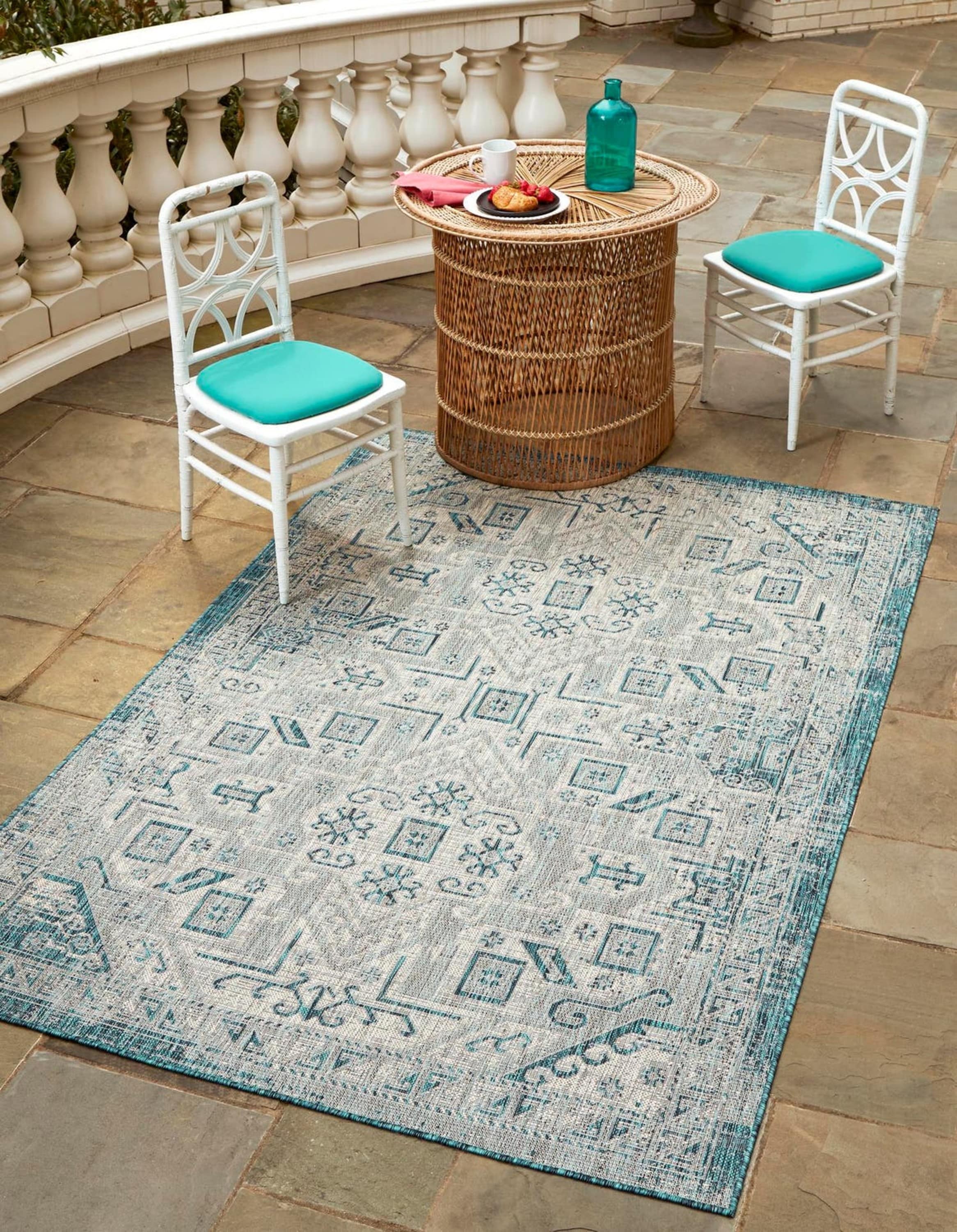 Unique Loom 3162289 Outdoor Aztec 8 x 11 (ft) Loomed Polypropylene Teal Rectangular Indoor/Outdoor Border Area rug