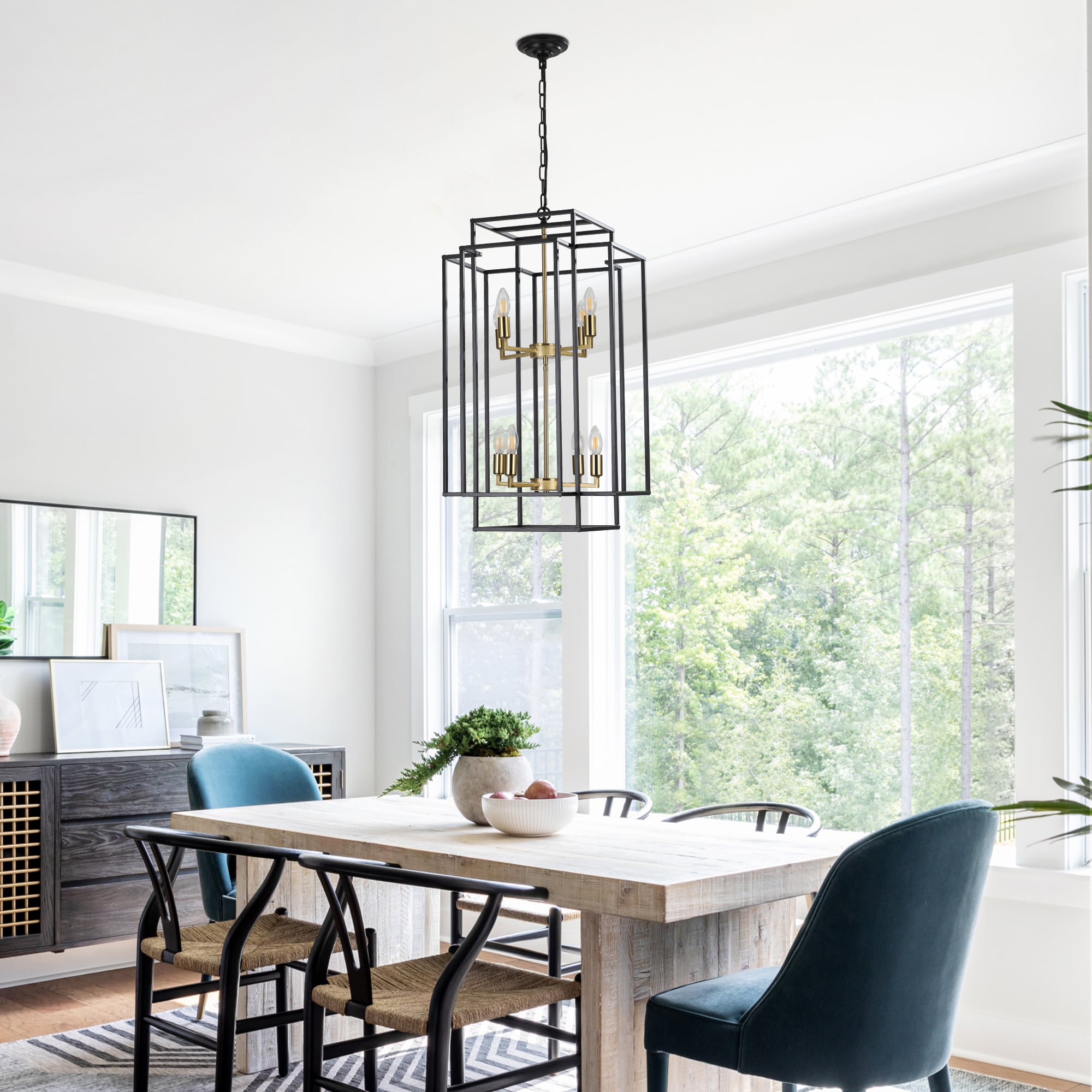 LOVMOR 18Inch Modern 8Light Black Gold Geometric Pendant Chandelier Industrial Metal Frame Adjustable Hanging Light for Living Room Dining Room Kitchen No Bulbs
