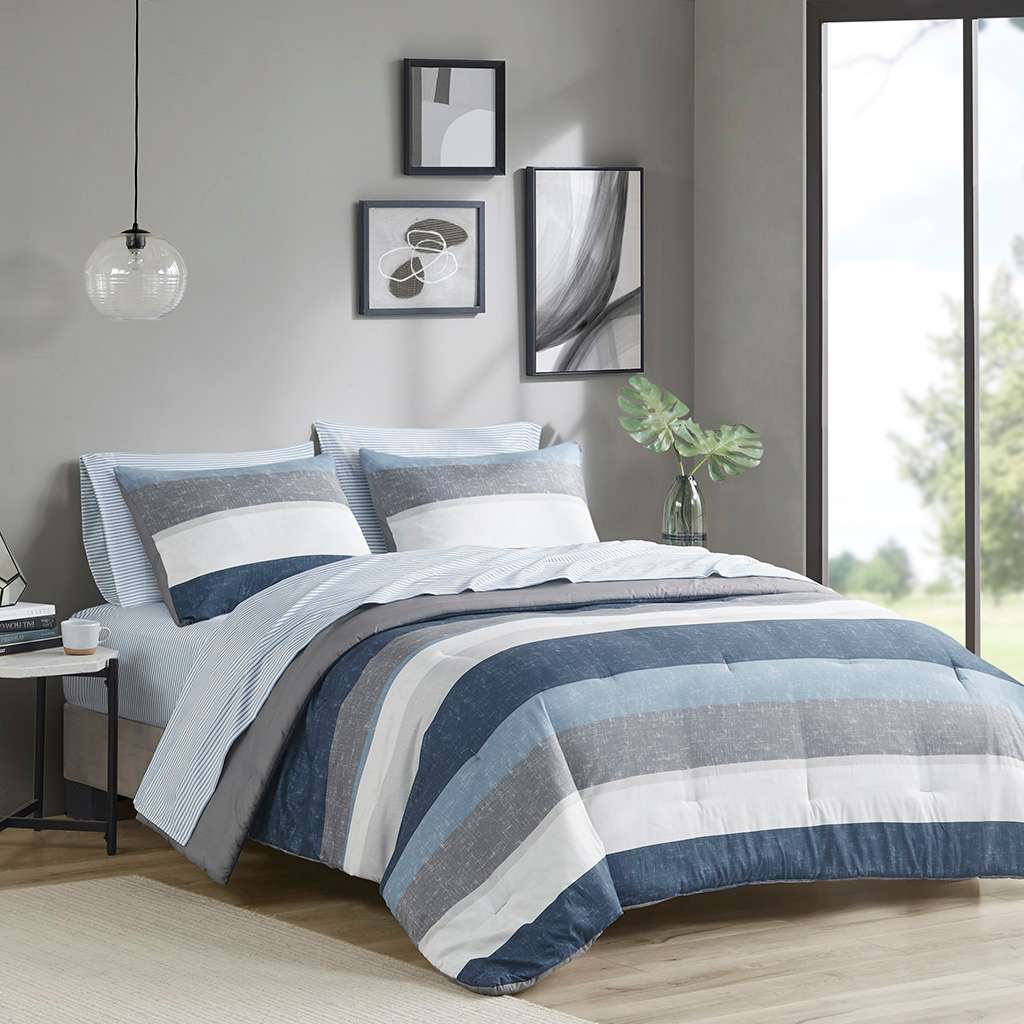 Vynxaria LESX0838-DJTZ-CS002 7 Piece Full Stripe Comforter Set with Bed Sheets Blue and Grey