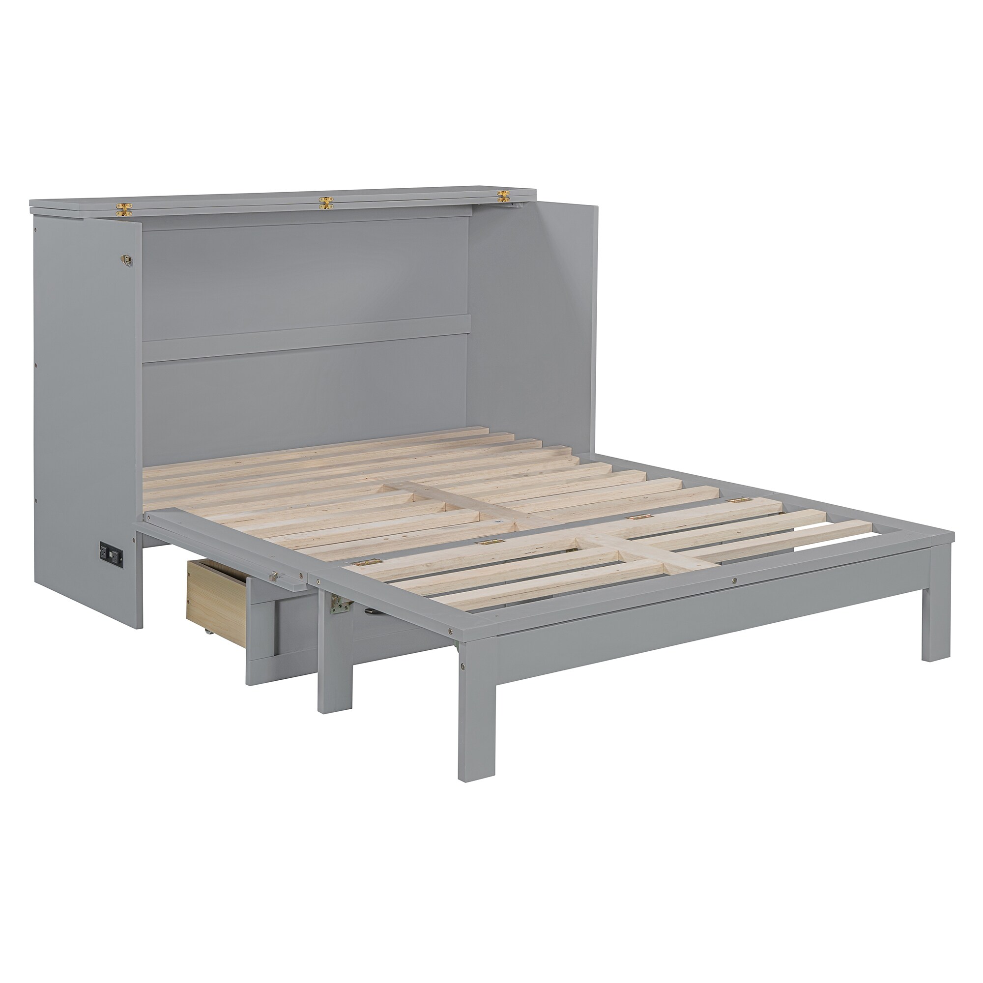 Qualler  Gray Wood Frame Full Size Murphy Bed with Drawer