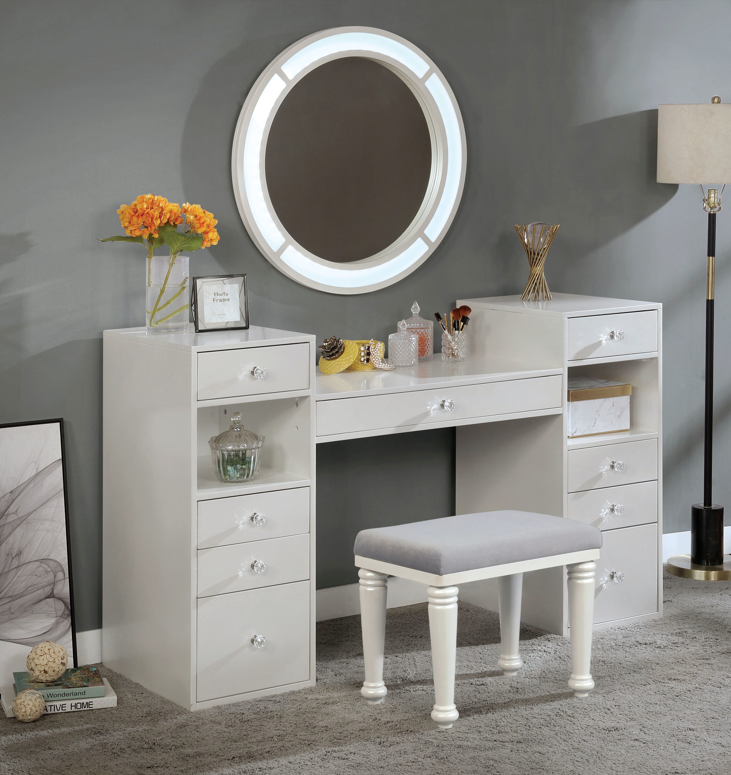 Furniture of America 60.25in Luminous White Makeup Vanity in the