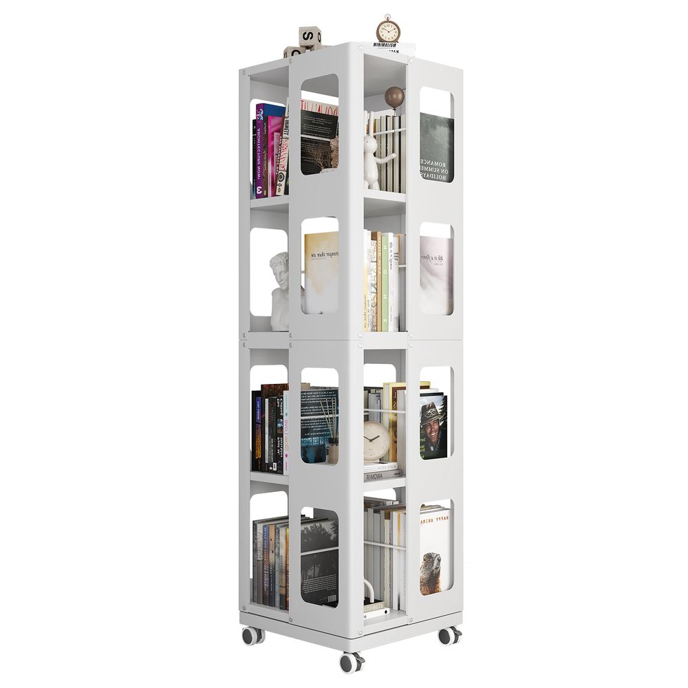 Blisstyle 4-Tier All-Steel Rotating Bookshelf With 360 Wheels Large Size Sturdy And Spacious Book Rack New Style White Bookshelf Easy Assembly Storage Shelf Freestanding Shelving Unit Bookcase Organizer