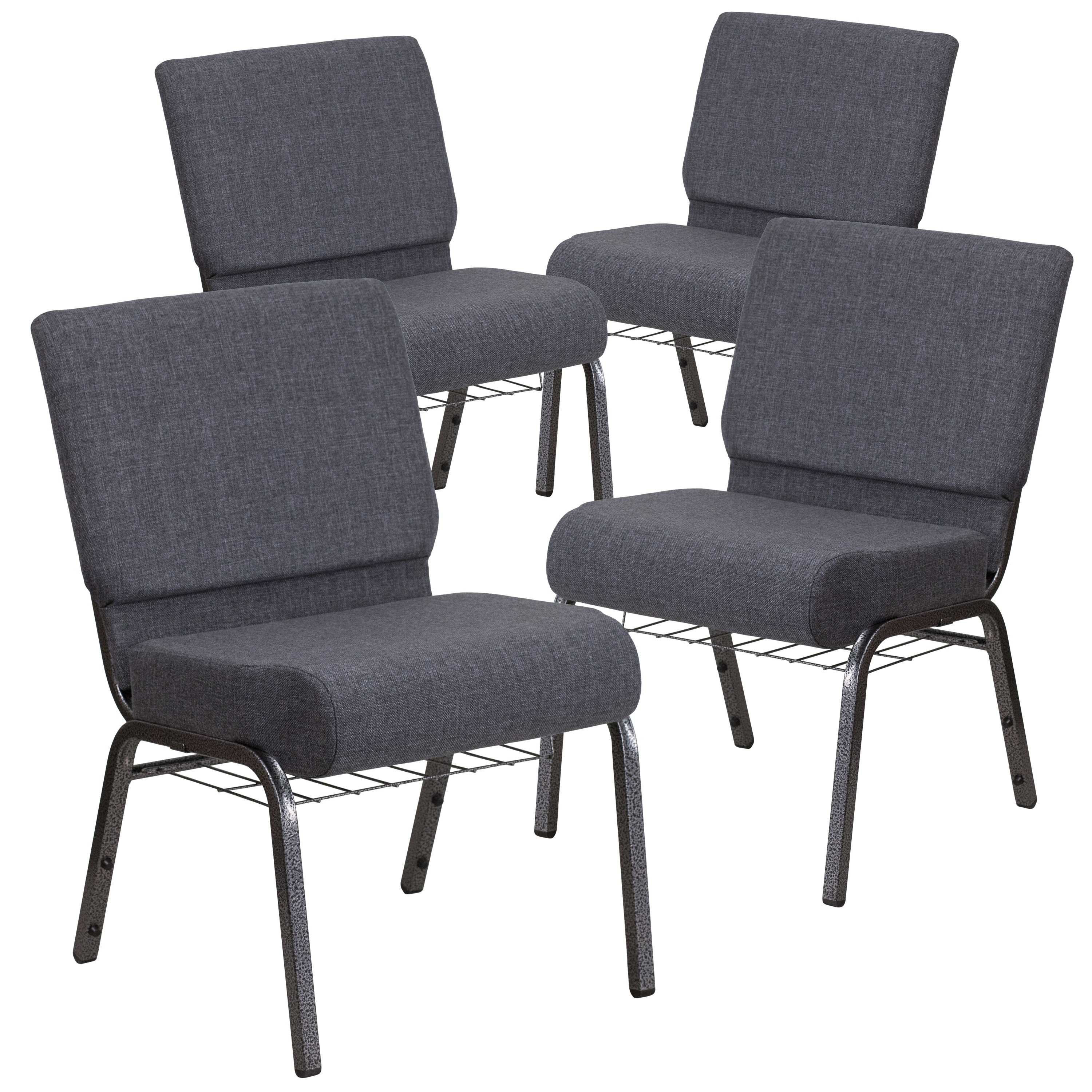 Flash Furniture 889142080886 4 Pack HERCULES Series 21-in W Church Chair in Dark Gray Fabric with Book Rack - Silver Vein Frame