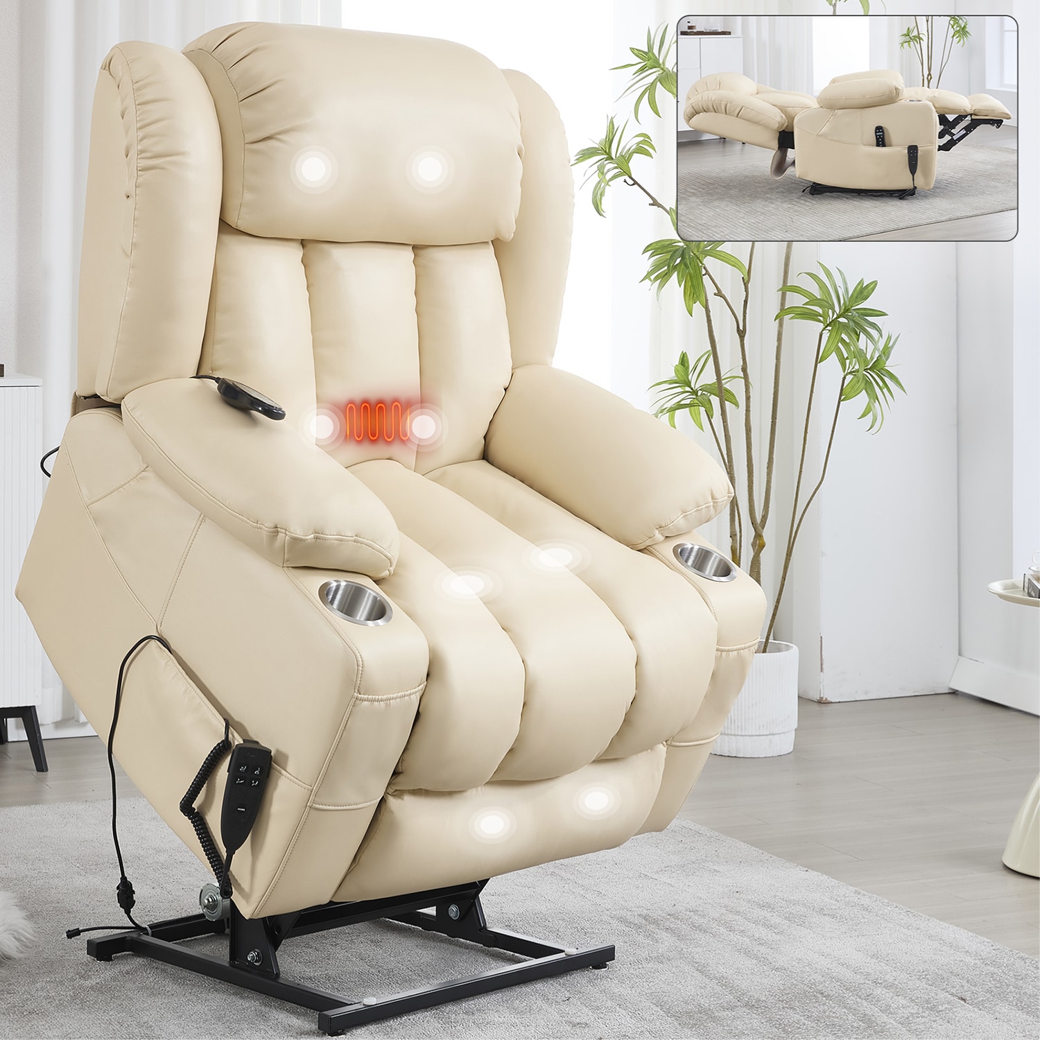 GZMR GZ-W1803RC24 350 LBS Dual Motor Power Lift Recliner with Heat and Massage Beige Faux leather Upholstered Powered Reclining Recliner with Lift Assistance