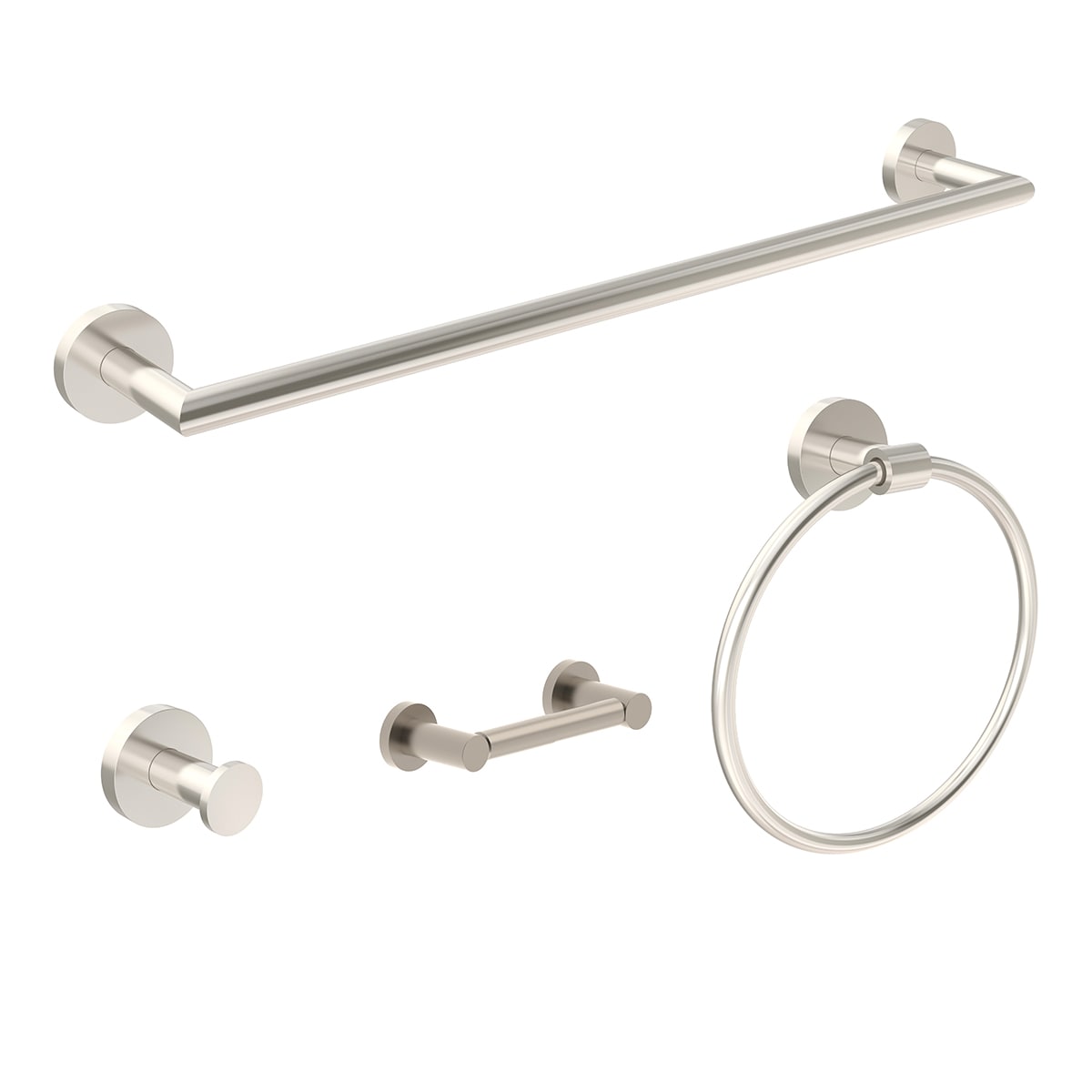 Symmons 67AC4BUNDLESTN 4 -Piece Identity Satin Nickel Decorative Bathroom Hardware Set Towel Bar, Toilet Paper Holder, Towel Ring ,Robe Hook Included
