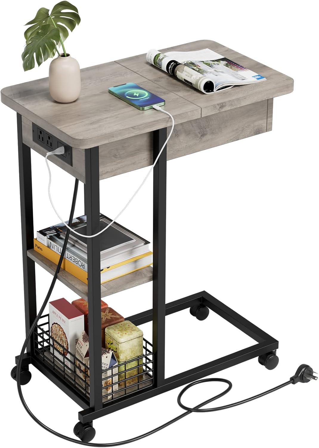 Qeetex LHF-BZ-PHO-11GKI2DS C Shaped Side Table with Charging Station Flip Top Sofa End Table with USB Ports and Outlets for Living Room and Bedroom Narrow Side Table with 3 Tier Storage Shelf for Small Spaces - Grey