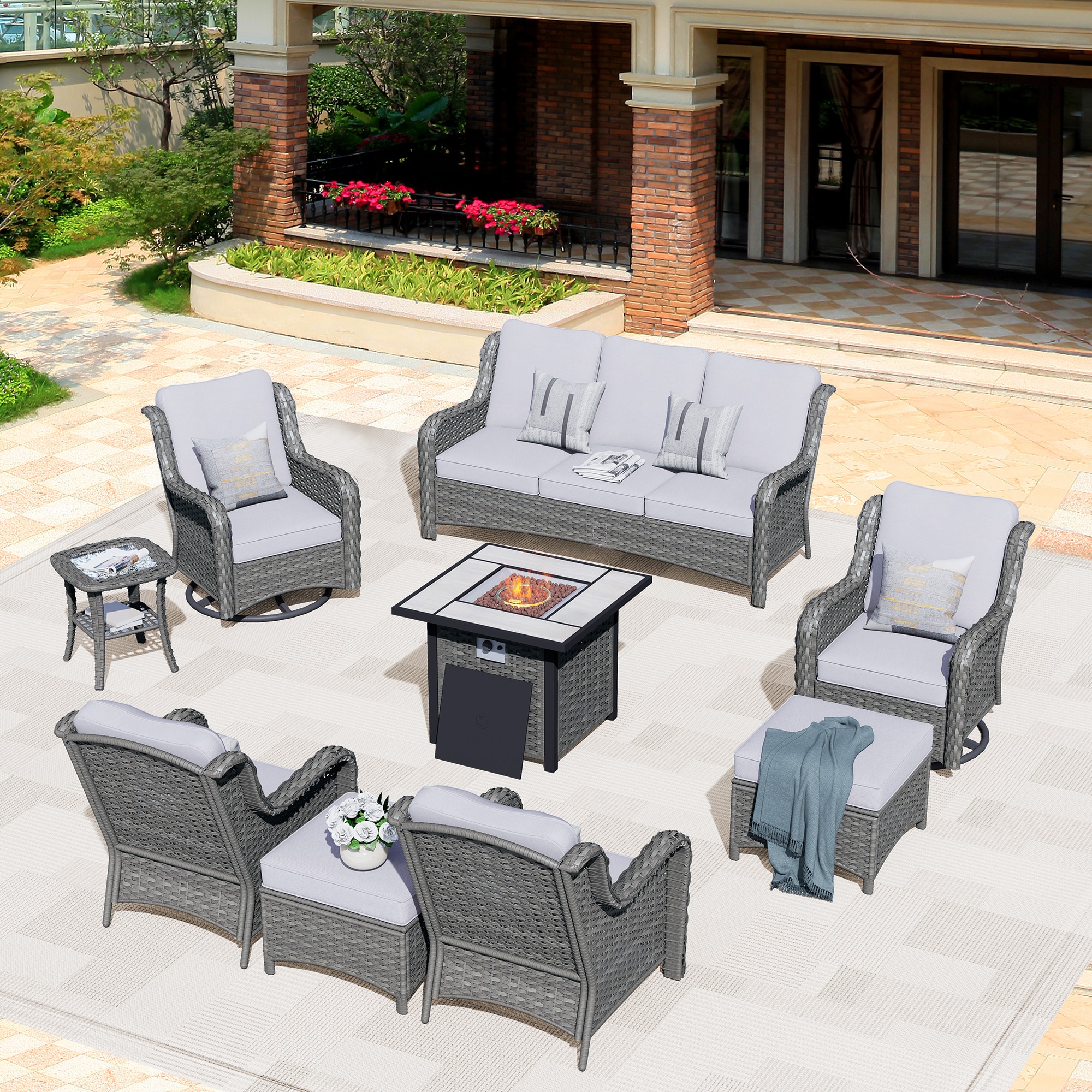 Pouuin SFPGNTC409 9 -Piece Wicker Patio Sofa Conversation Set with Gray Cushions