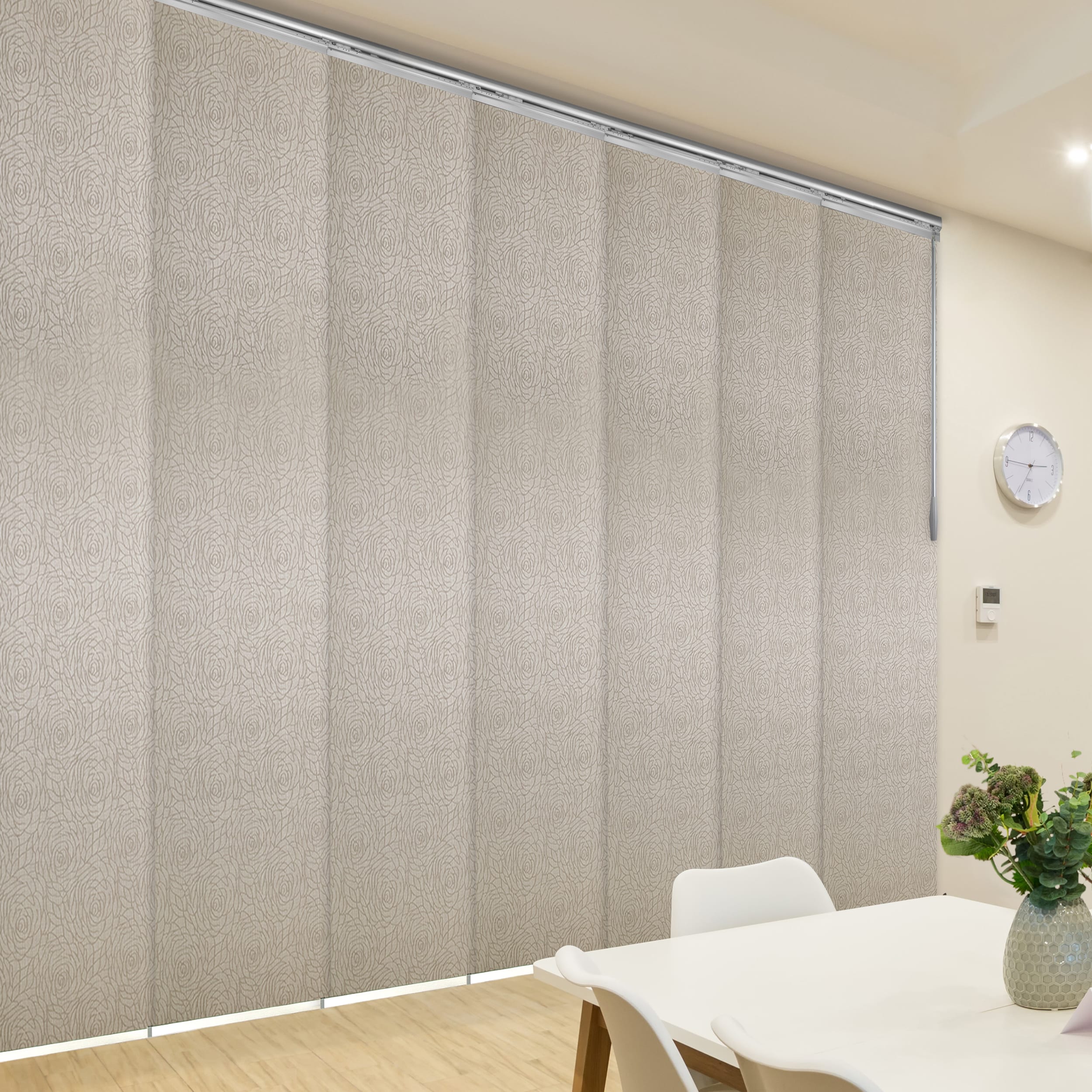 Hart & Harlow L-T24-7-7P40A Yasmine 7-panel 0.3-in Slat Width 23.5-in x 94-in Cordless Satin Nickel Aluminum Light Filtering Vertical Blinds