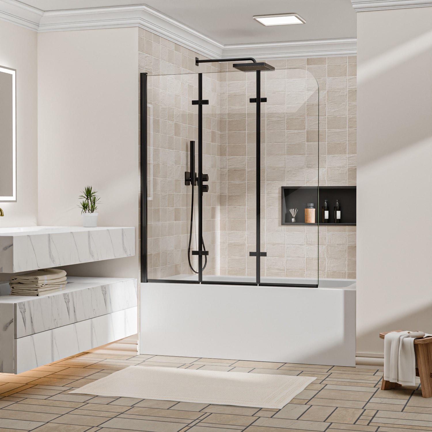 Yuaris 50 in. W x 58 in. H Frameless Foldable Tub Door in Matte Black with 1/4 in. Tempered Clear Glass