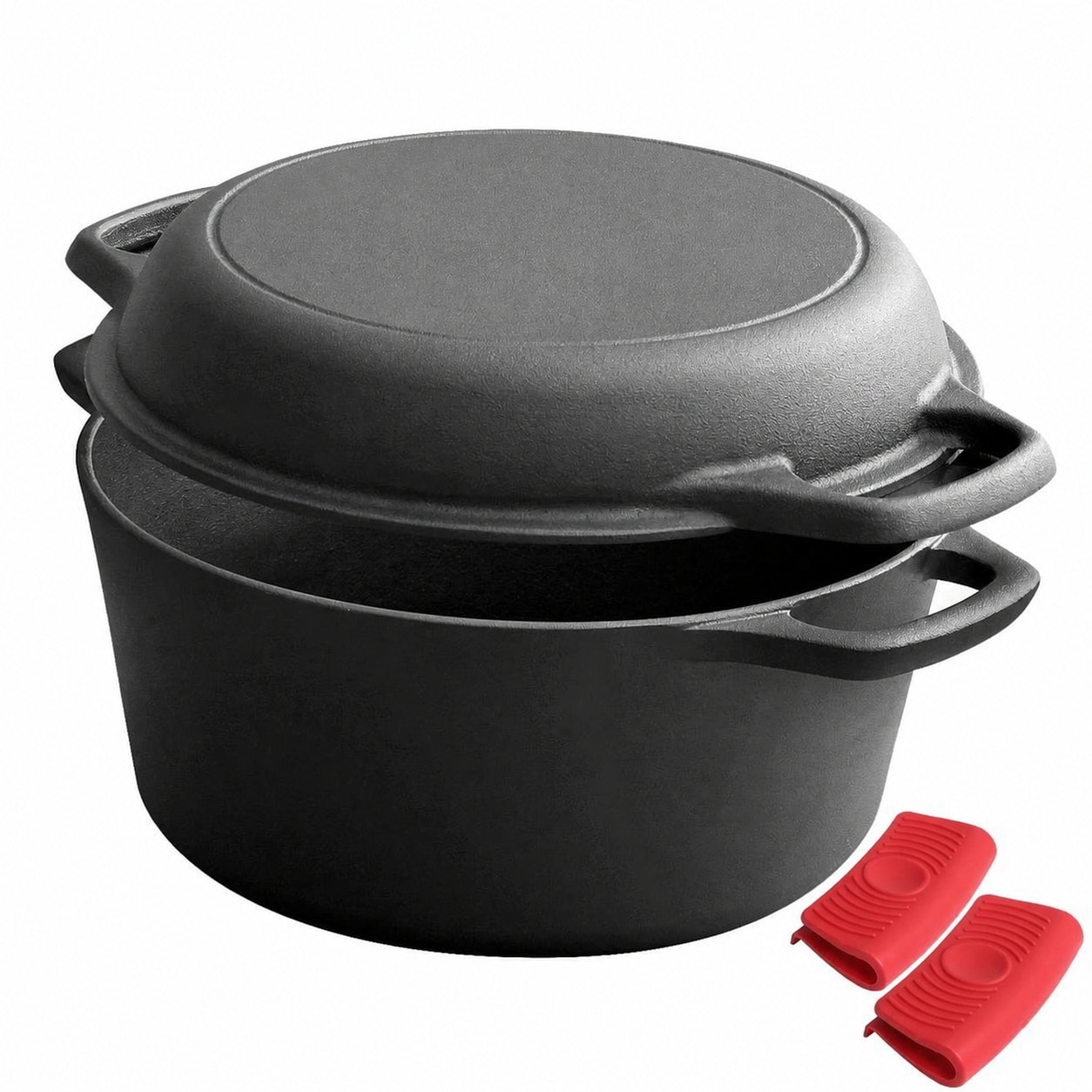 Aoibox  5 Qt Pre Seasoned 2 in 1 Cast Iron Dutch Oven with Skillet Lid Dual Loop Handles Indoor and Outdoor Use