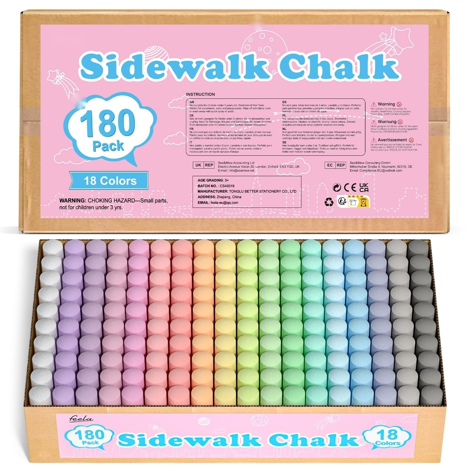 Etokfoks  180 Piece Chalk Reel Calk Kit with Assorted Color Chalk Non Rolling Shape for Sidewalk Playground School