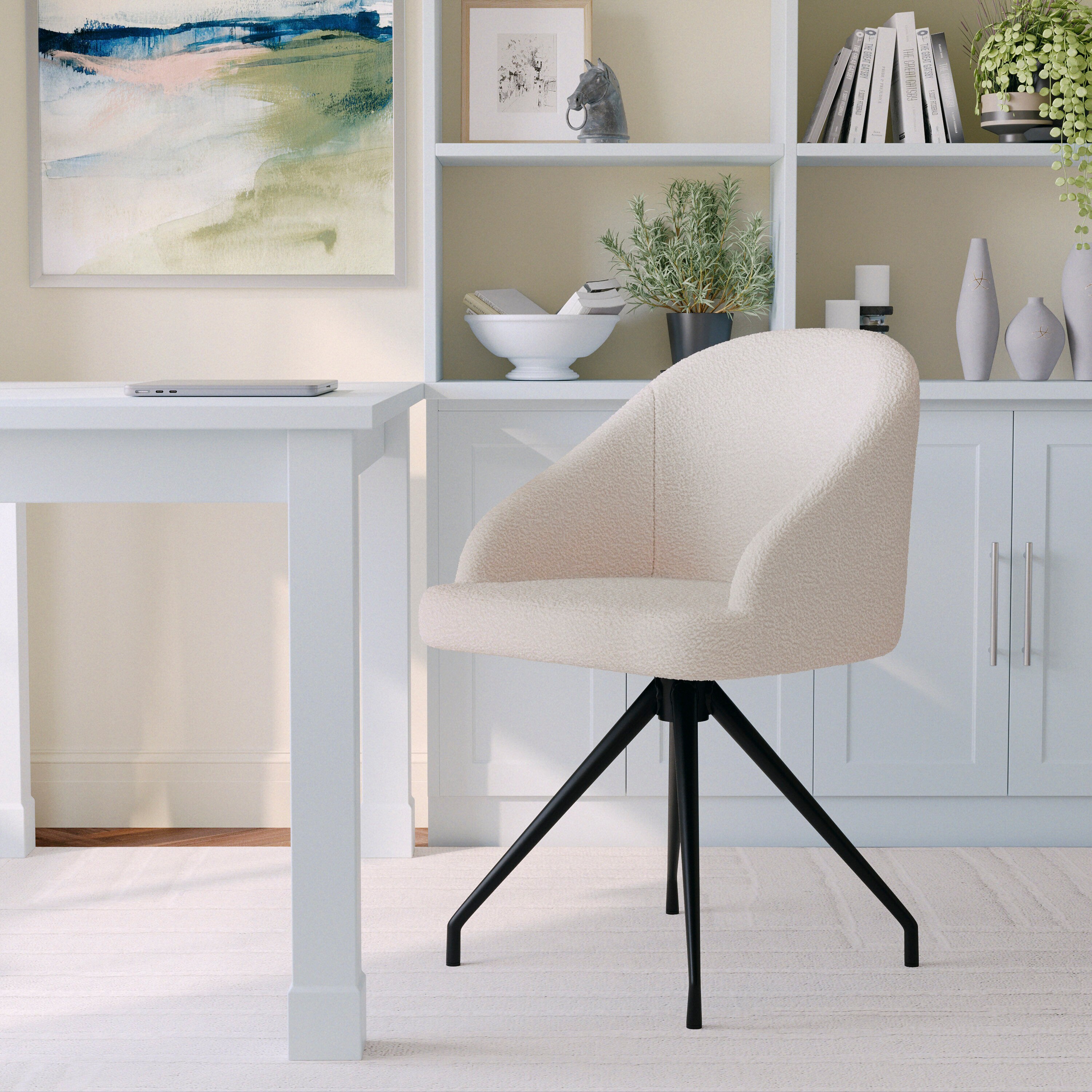 White Boucle Upholstered Office Chair with Oil Rubbed Bronze Frame