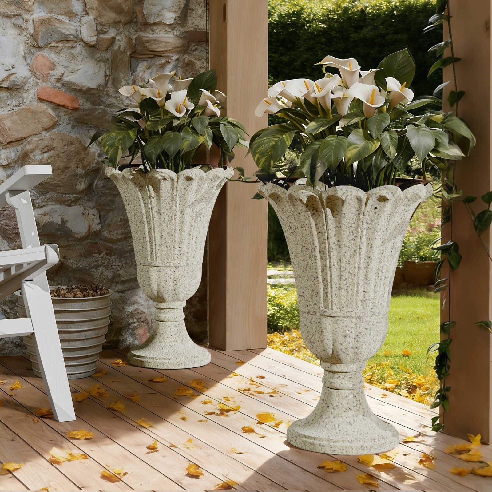 GlasFlength  24-Inch Tall Outdoor Urn Planters with Drainage System Water Storage Base Durable Heavy Duty Build for Porch Patio Garden Indoor Use White 2 Piece