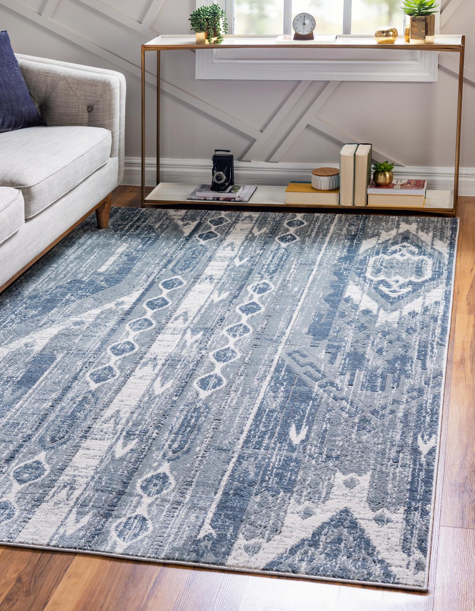 Unique Loom 3147096 Portland 7 x 10 (ft) Loomed Polypropylene Blue Gray Rectangular Indoor Stripe Area rug