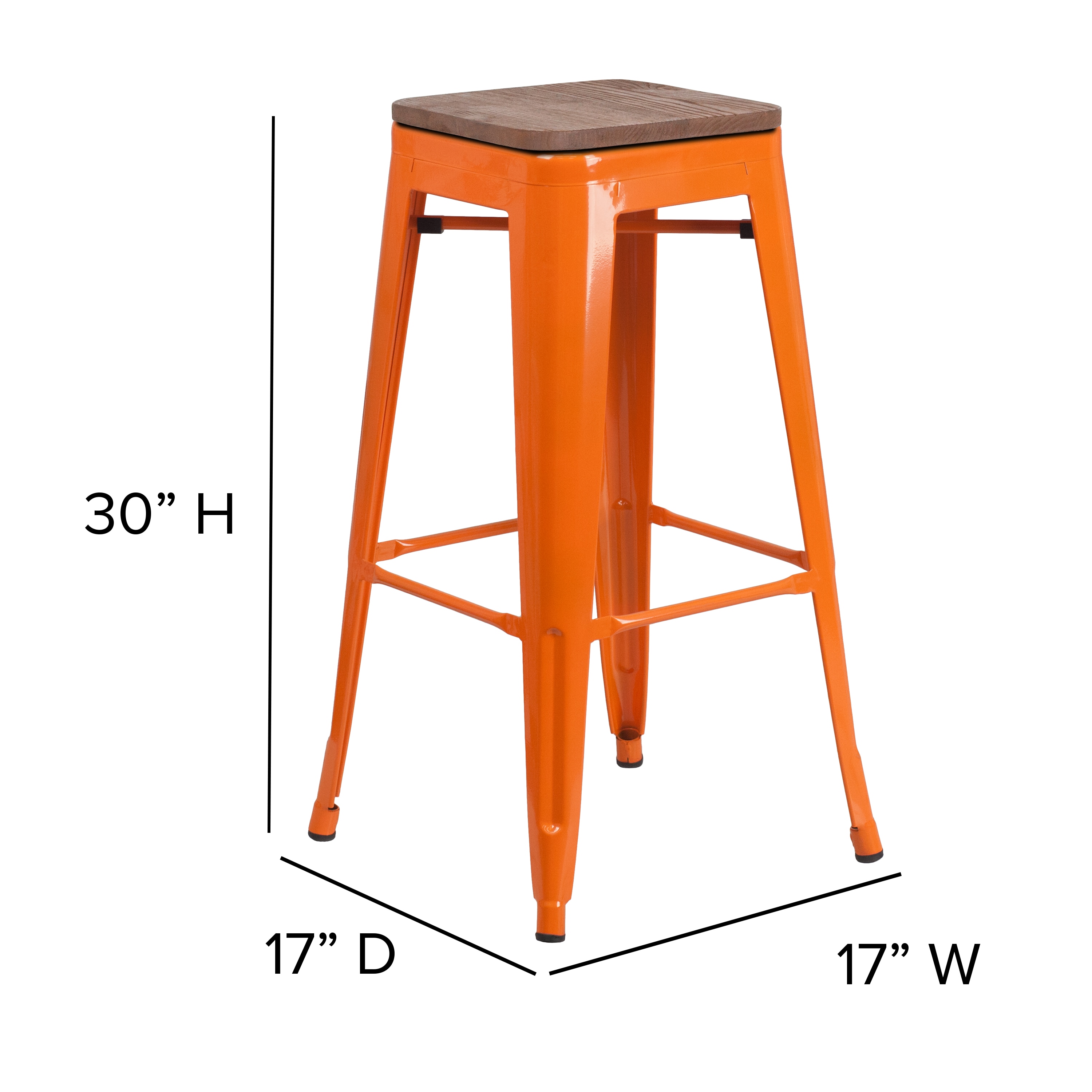 Lily 30" High Backless Orange Metal and Wood Barstool