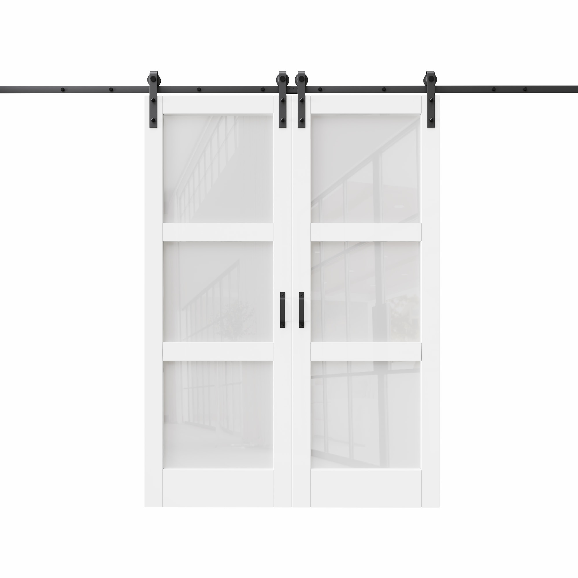 JUJUBON IN-BDBD1-3G-60 60-in x 84-in White Square Frosted glass MDF Solid core Double Barn Door (Hardware Included)