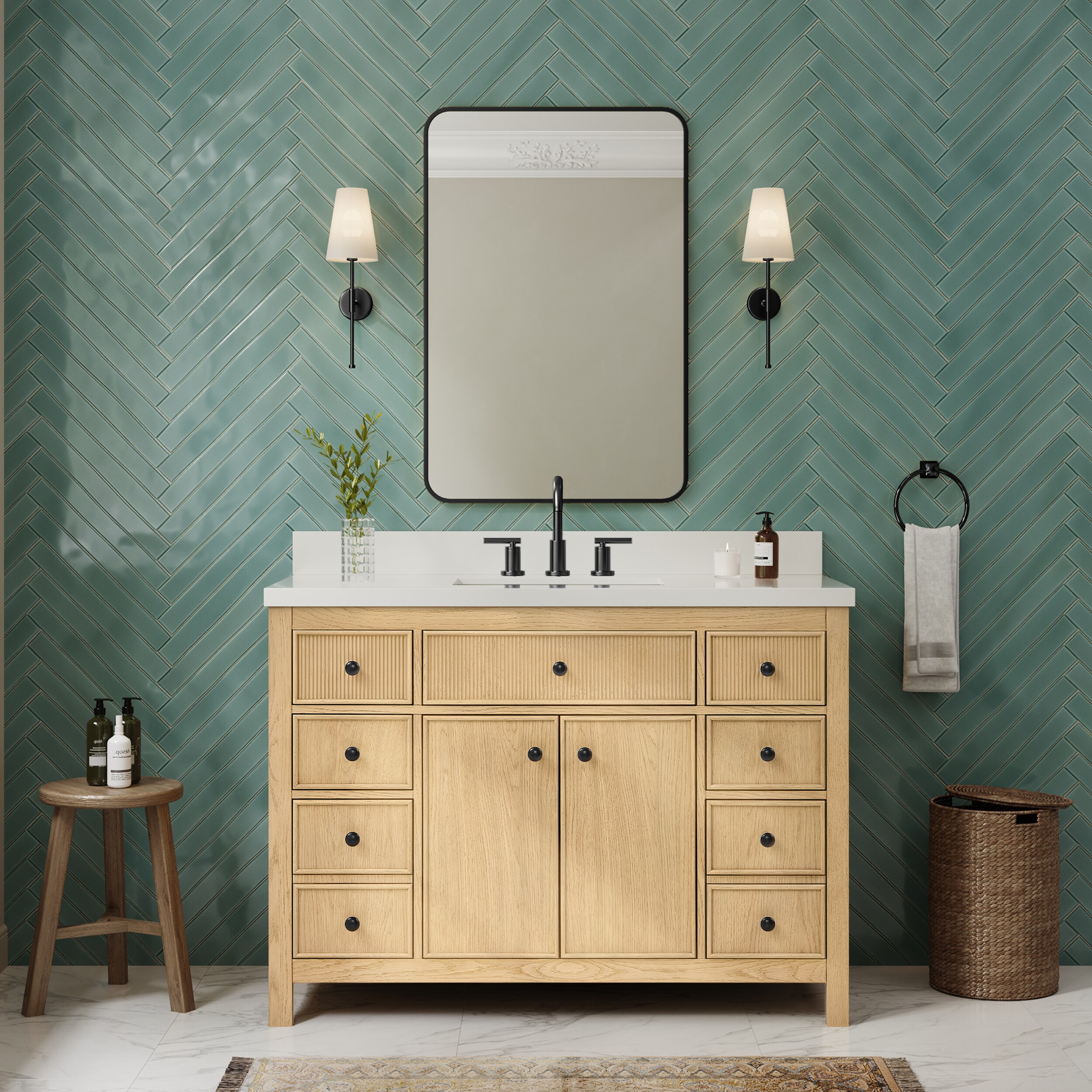 Wyndham Collection Rian 48 Inch Single Bathroom Vanity in Scandinavian Oak, White Quartz Countertop, Undermount Square Sink (3-Hole), Matte Black Trim