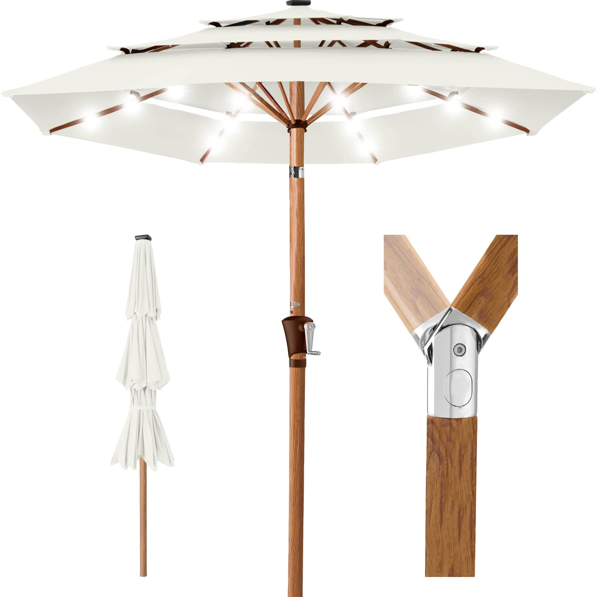 Best Choice Products SKY8639 Woodgrain Pattern 10ft 3-Tier Solar Patio Umbrella w/ 24 LED Lights Tilt - Ivory