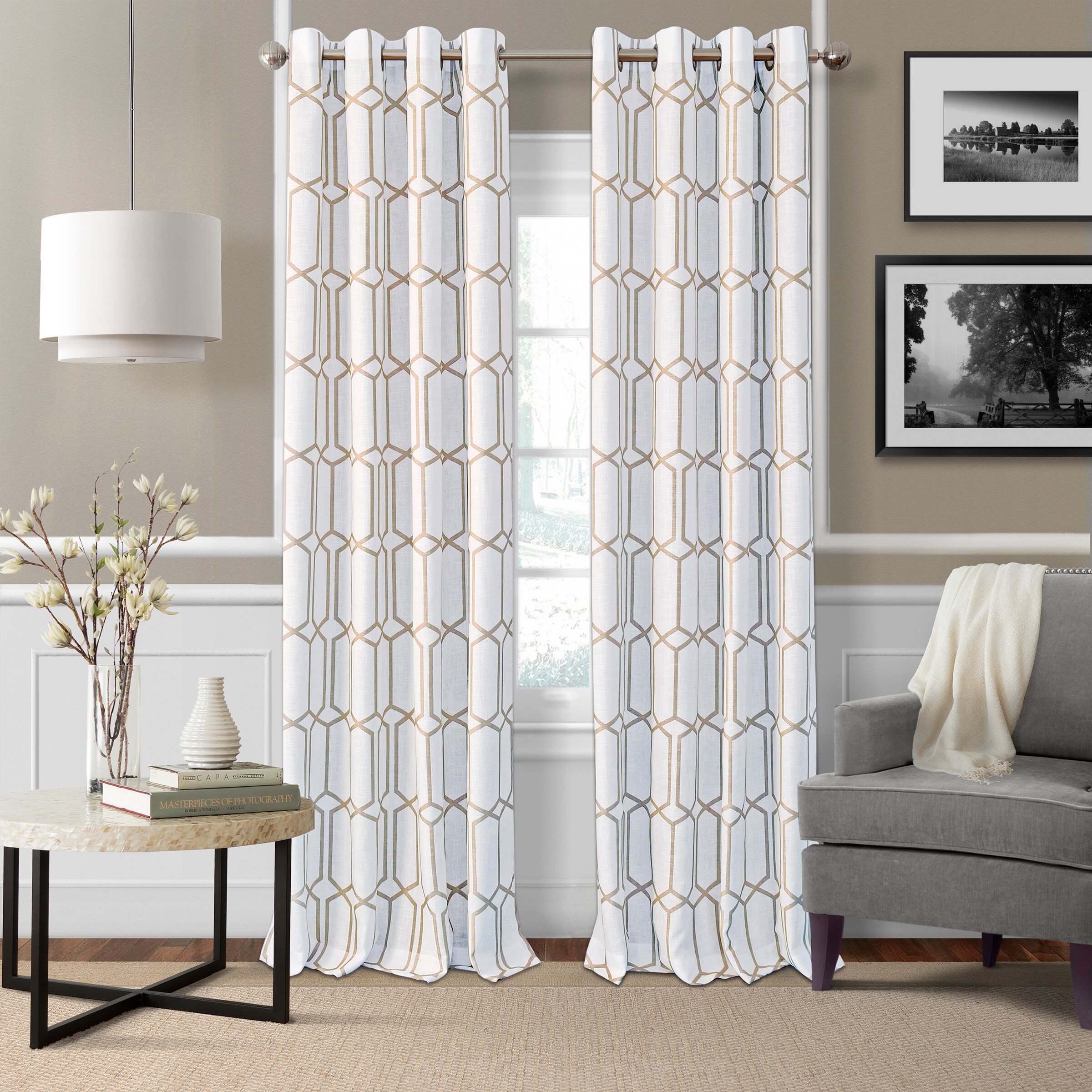 Taupe Geometric Blackout Grommet Window Curtain Panel
