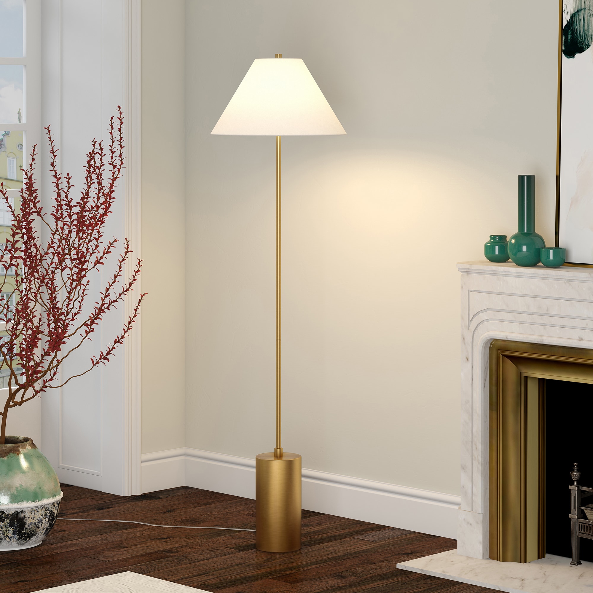 Brass and White Adjustable Floor Lamp with Linen Shade
