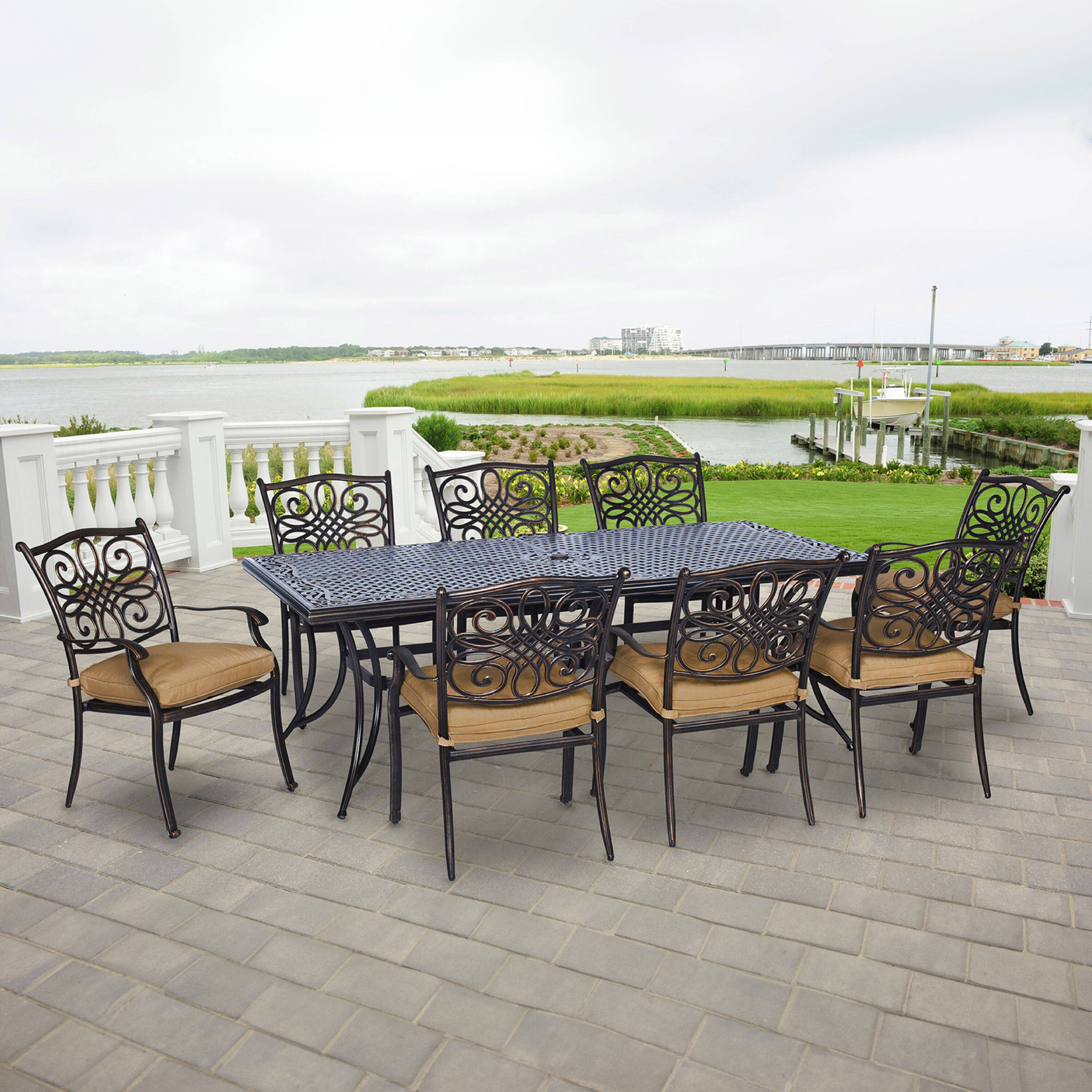 Hanover TRADDN9PC Traditions 9 -Piece Bronze Patio Dining Set Aluminum Rectangle Table with 8 Tan Cushions Stationary Chairs