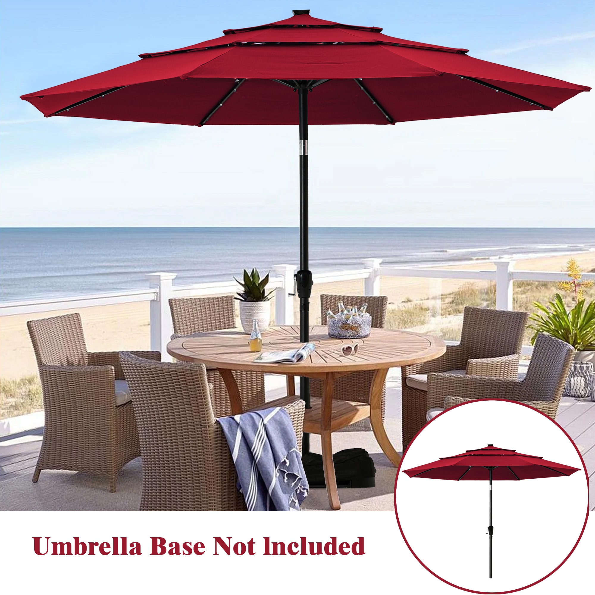 Clihome CLI-21ED42-1-RD 11-ft Steel Red Push-button Tilt Market Patio Umbrella with Lights