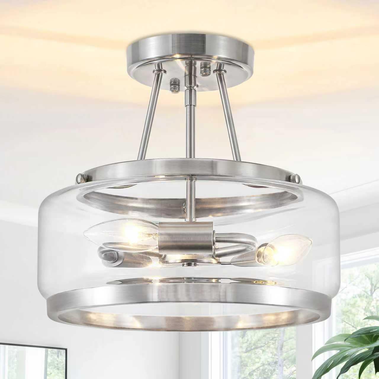 ZSMIHDOH 11.81-in Nickel Indoor 3 -Light Semi-flush Mount Light with Clear Glass