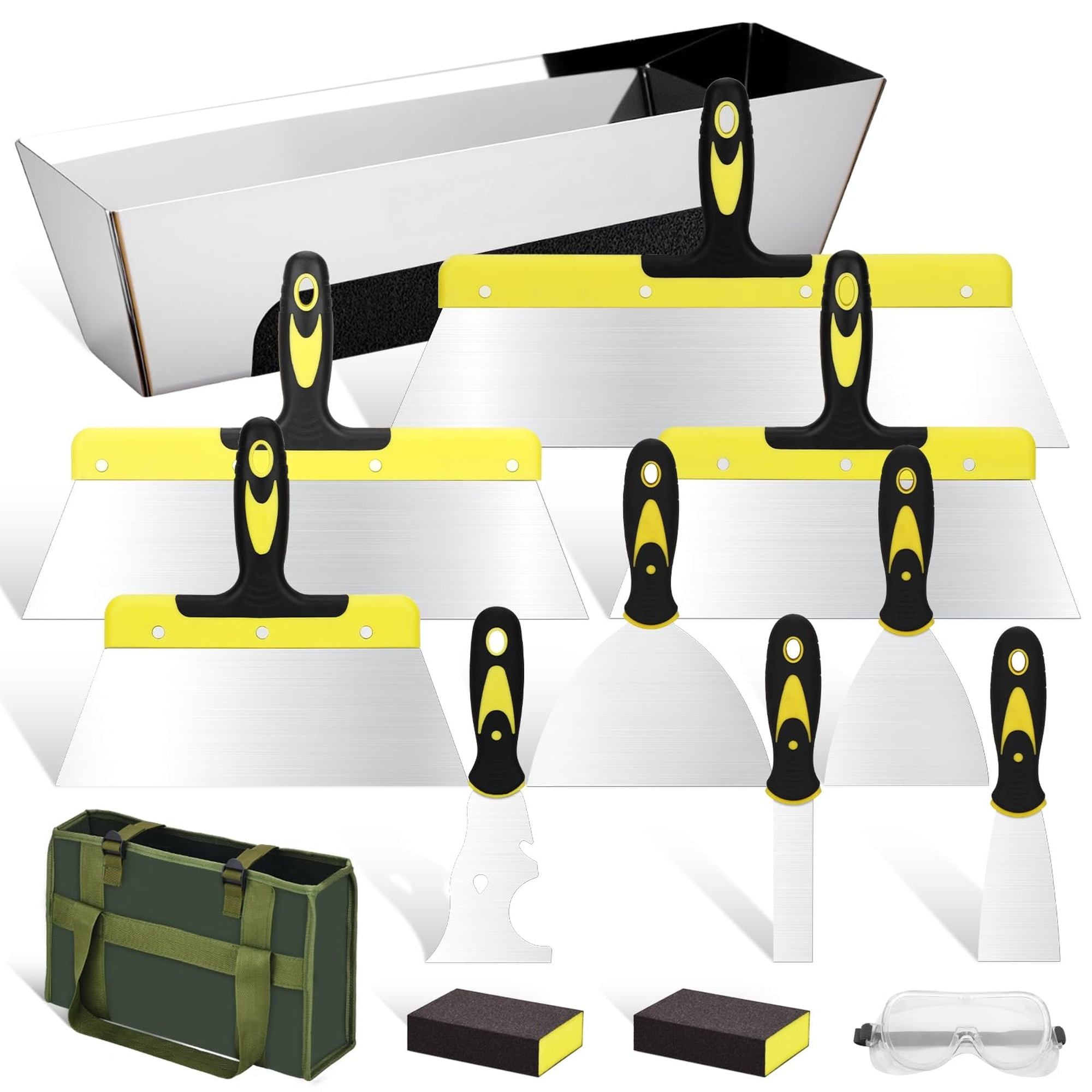 Angel Sar 14 Piece Stainless Steel Drywall Knife Set with Putty Taping Knives Scraper 14 Inch Mud Pan Oxford Bag Sanding Block for Home Spackle Work