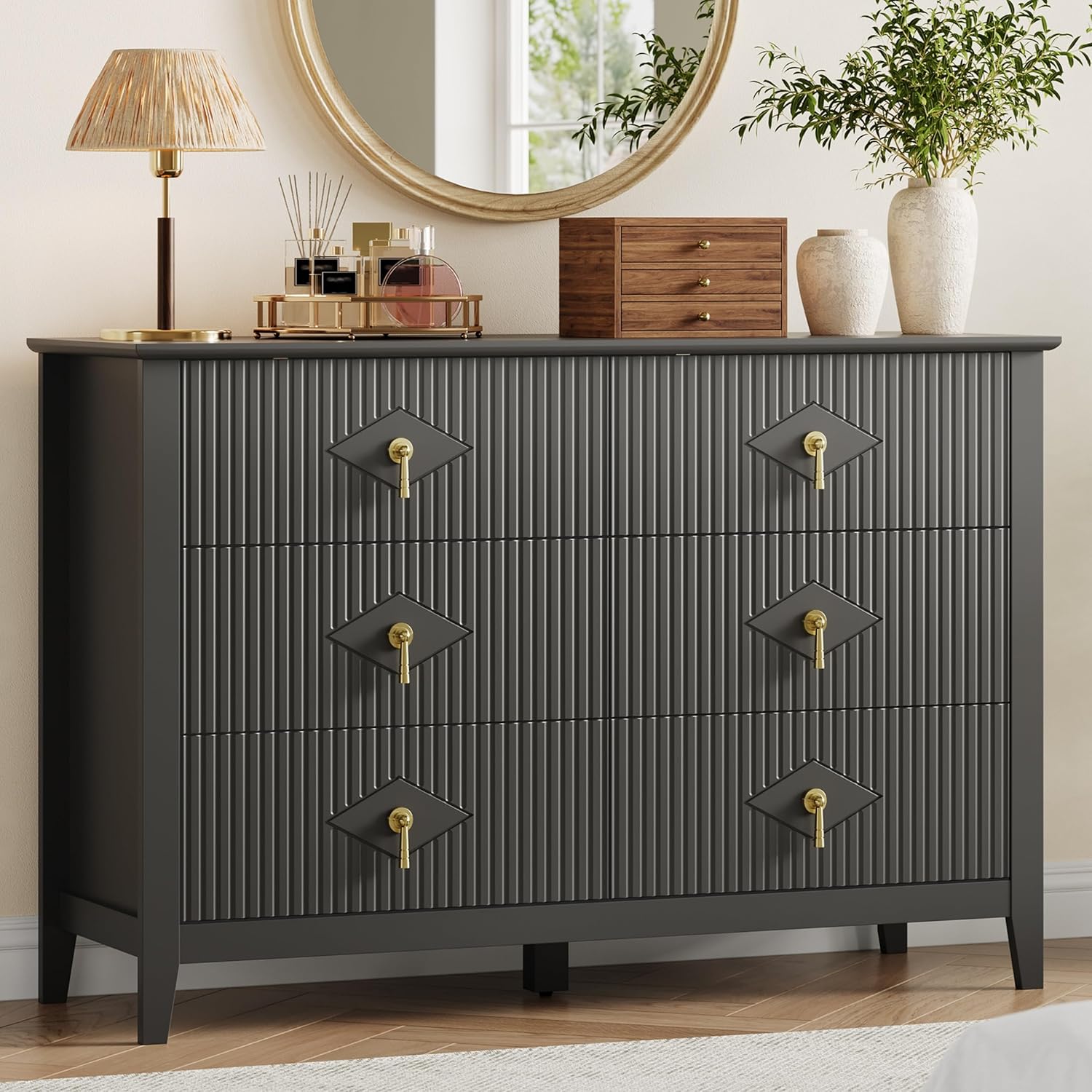 Garvee Fluted 6 Drawers Dresser for Bedroom 47.2in Wide Modern Chest of ...
