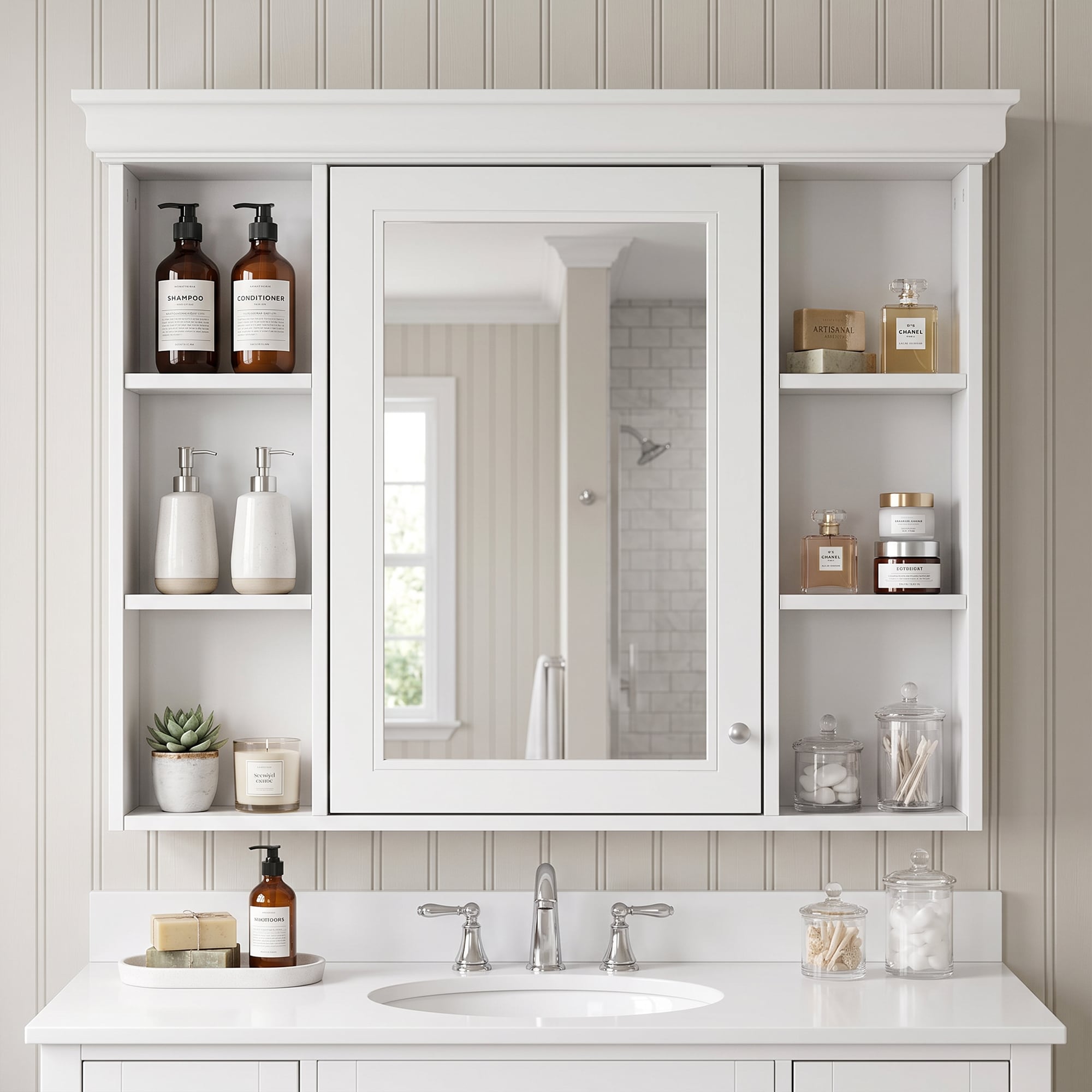 Homy Casa 36-in W White Wall Mounted Medicine Cabinet with Mirror Door and Adjustable Shelves MDF Material Installation Required