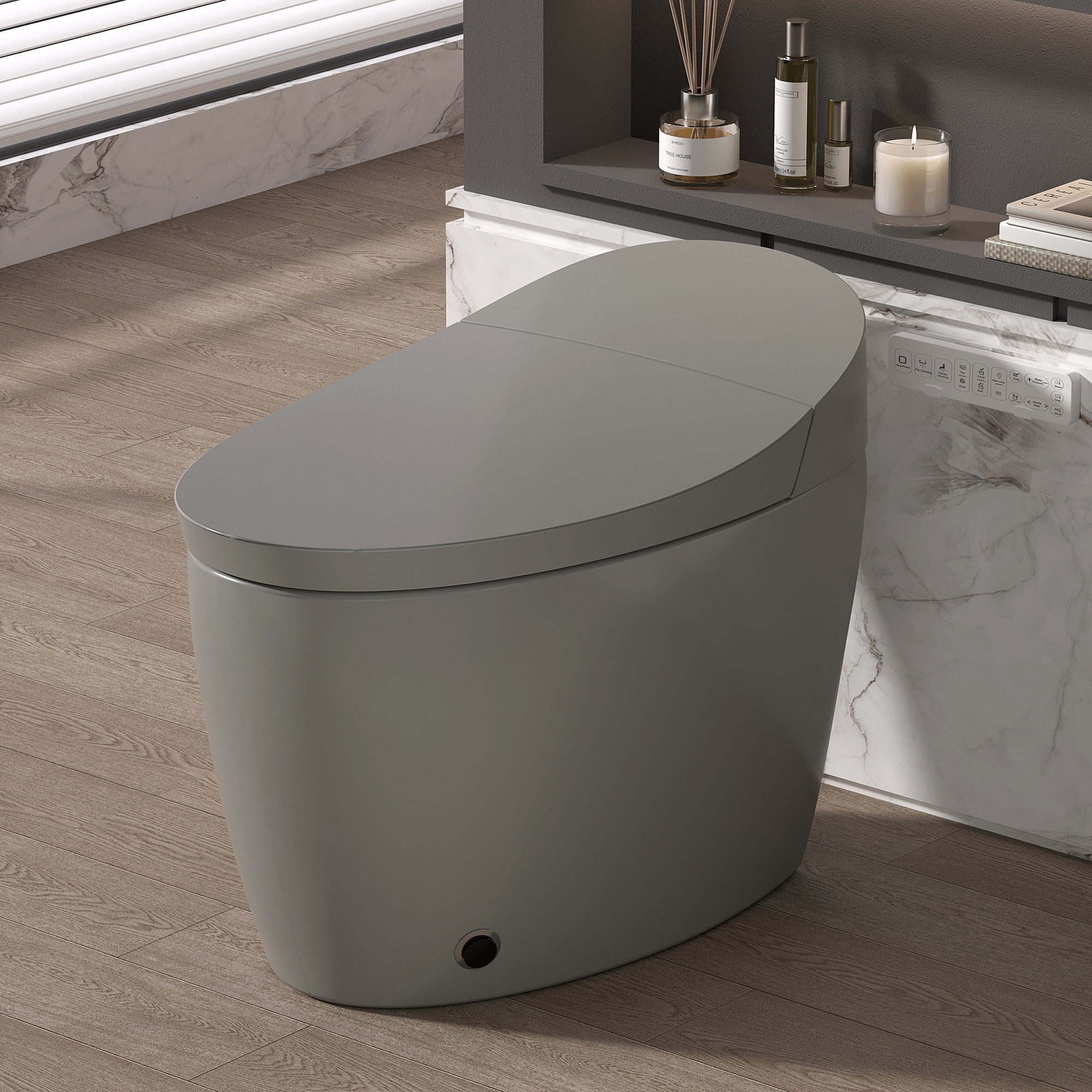 Wooakway ADA One Piece Smart Toilet Auto Open Close Barrier Free Design Thickened Ceramic Bidet Toilet with Heated Seat Foot Kick Warm Water Dryer Night Light Auto Flushing 12 Rough in Grey