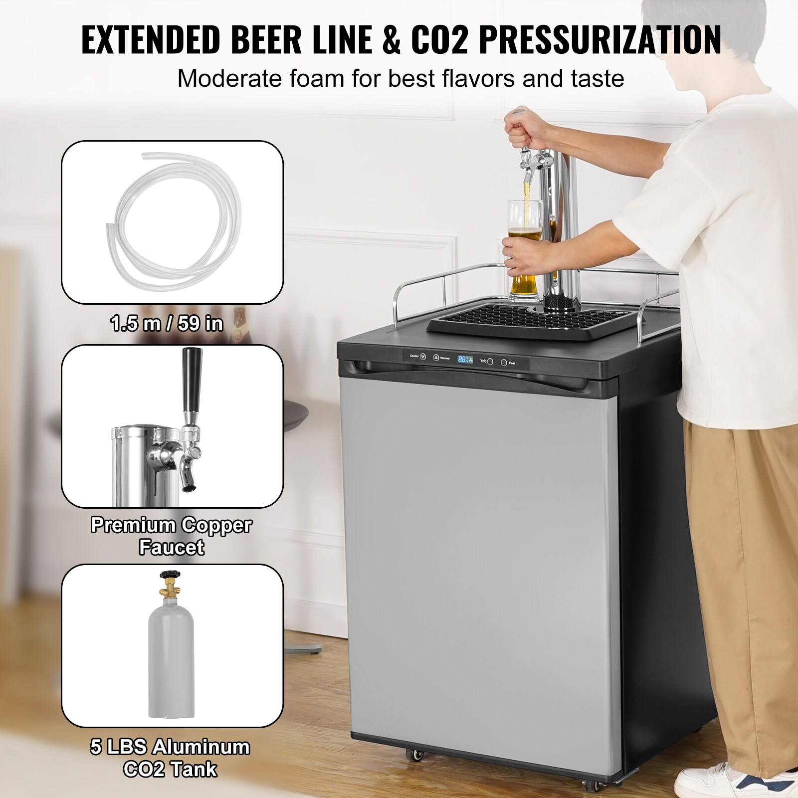 GIVIMO Single Tap Beer Kegerator 162L Silver - Full-Size Keg