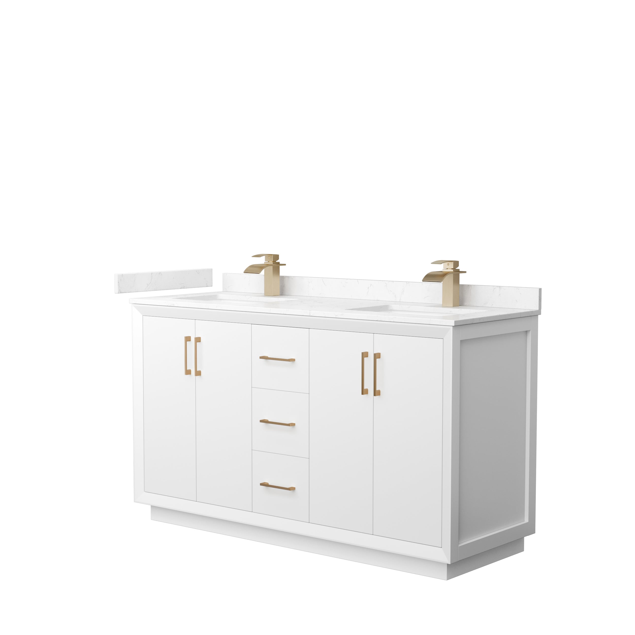 Wyndham Collection WCF414160DWZC2UNSMXX Strada 60-in White with Satin Bronze Trim Undermount Double sink Bathroom Vanity with Carrara cultured marble Cultured marble Top