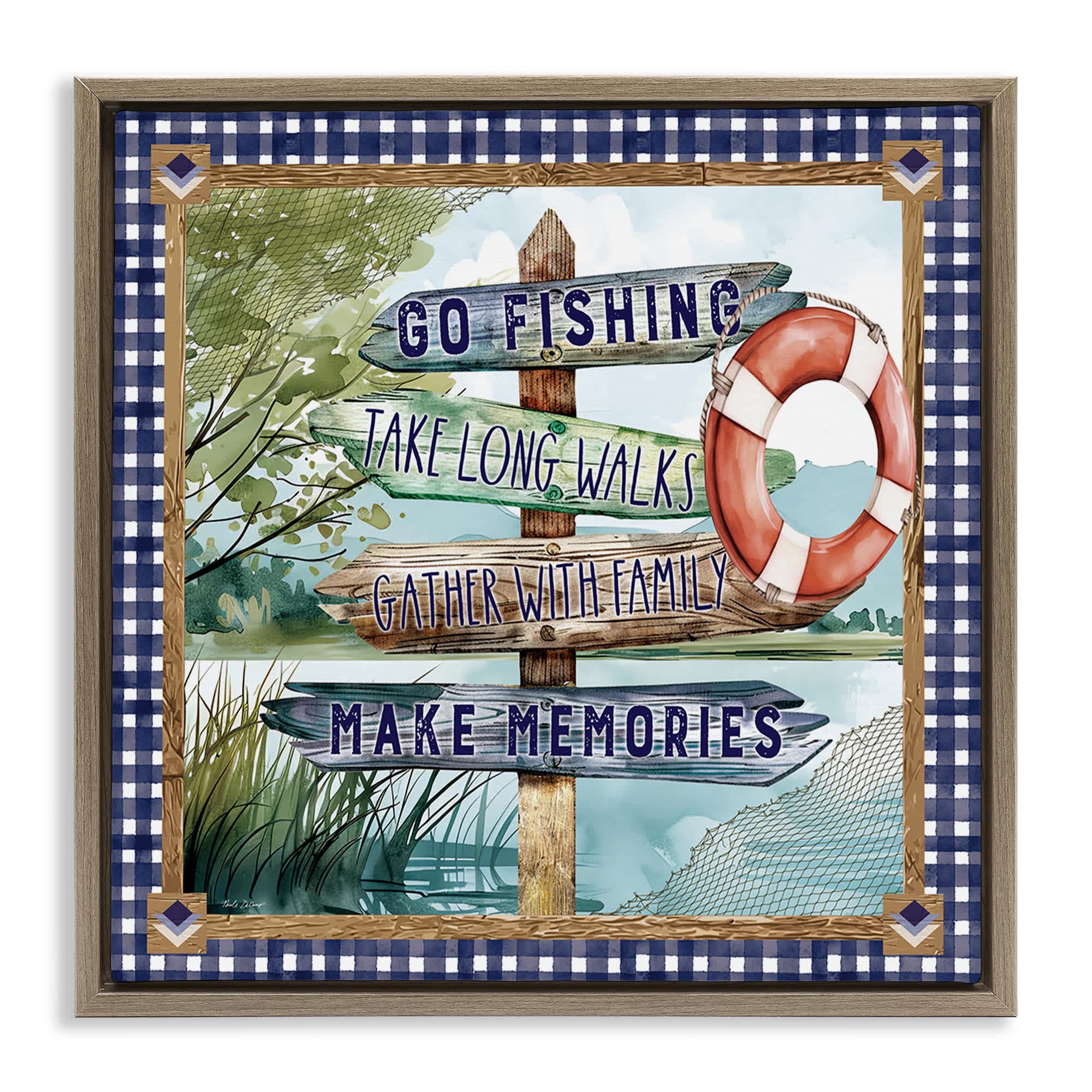 Stupell Industries BT-579-FFE-17X17 Plaid Border Lake Sign Brown Framed Floater Canvas Wall Art By Nicole DeCamp 18 x 18